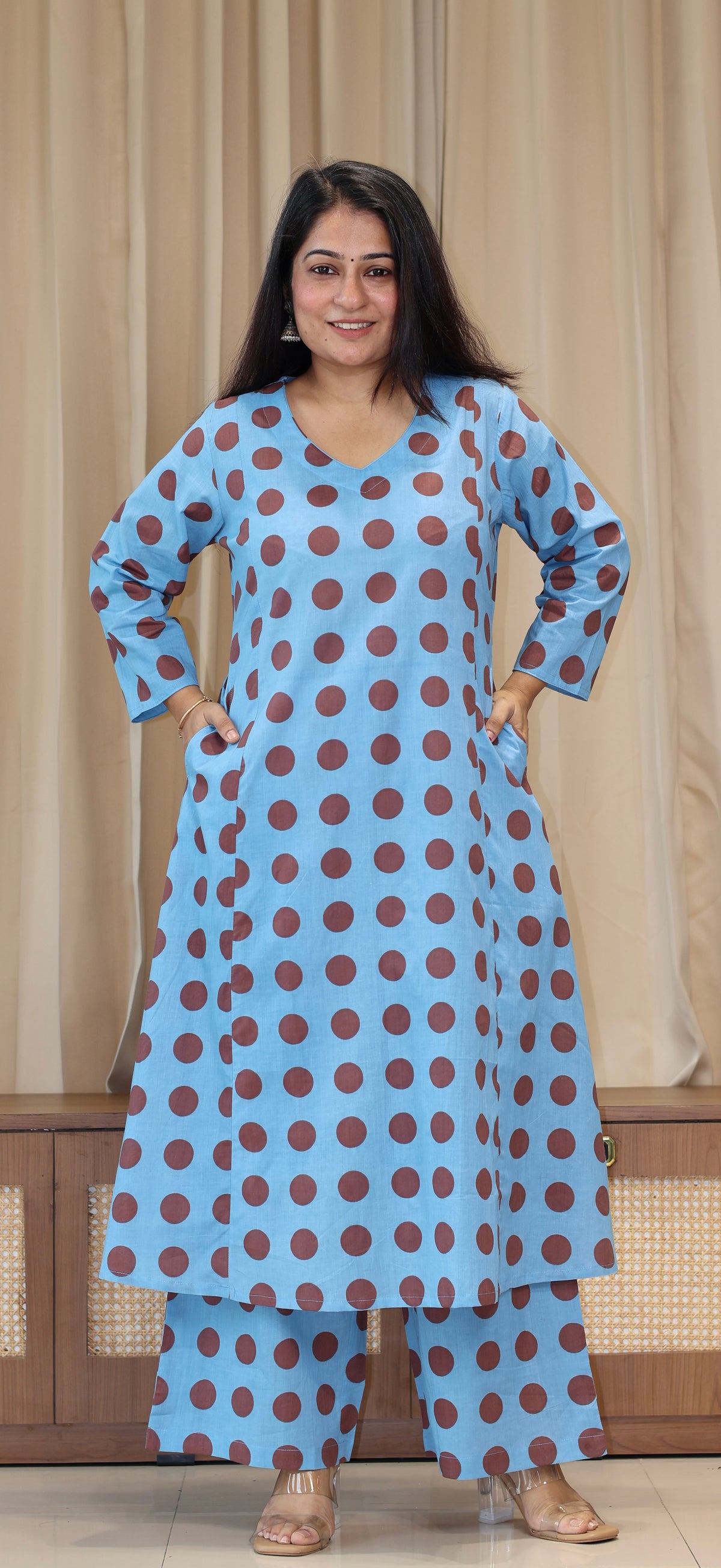 Blue/Brown Polka Dots Cotton Kurta Set
