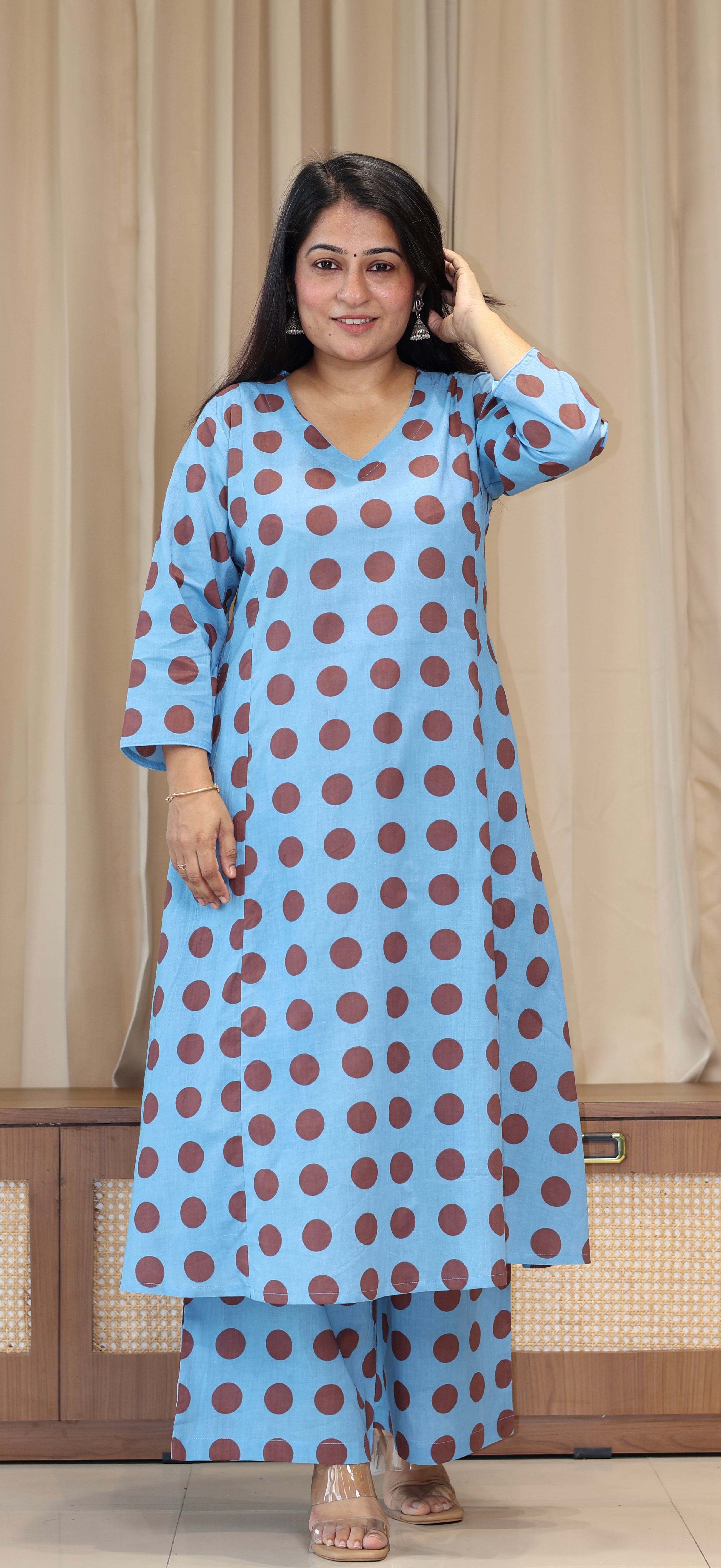 Blue/Brown Polka Dots Cotton Kurta Set