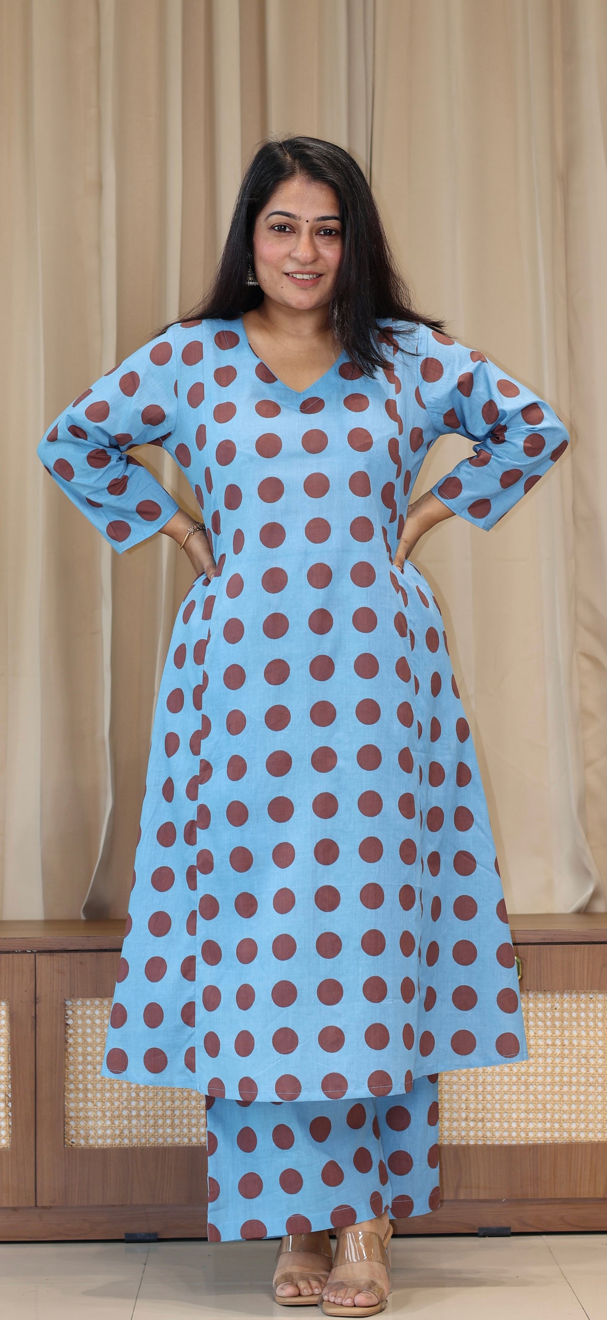 Blue/Brown Polka Dots Cotton Kurta Set