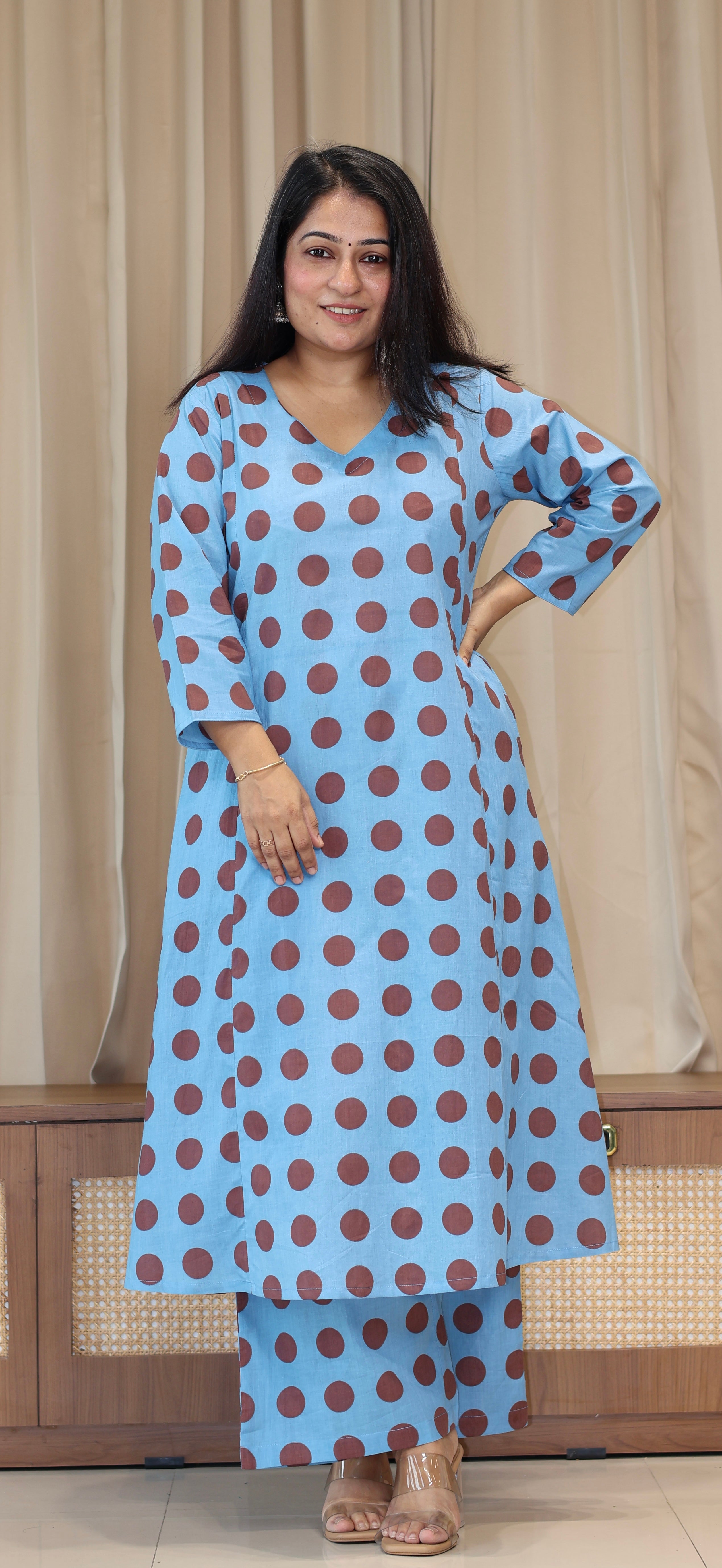 Blue/Brown Polka Dots Cotton Kurta Set