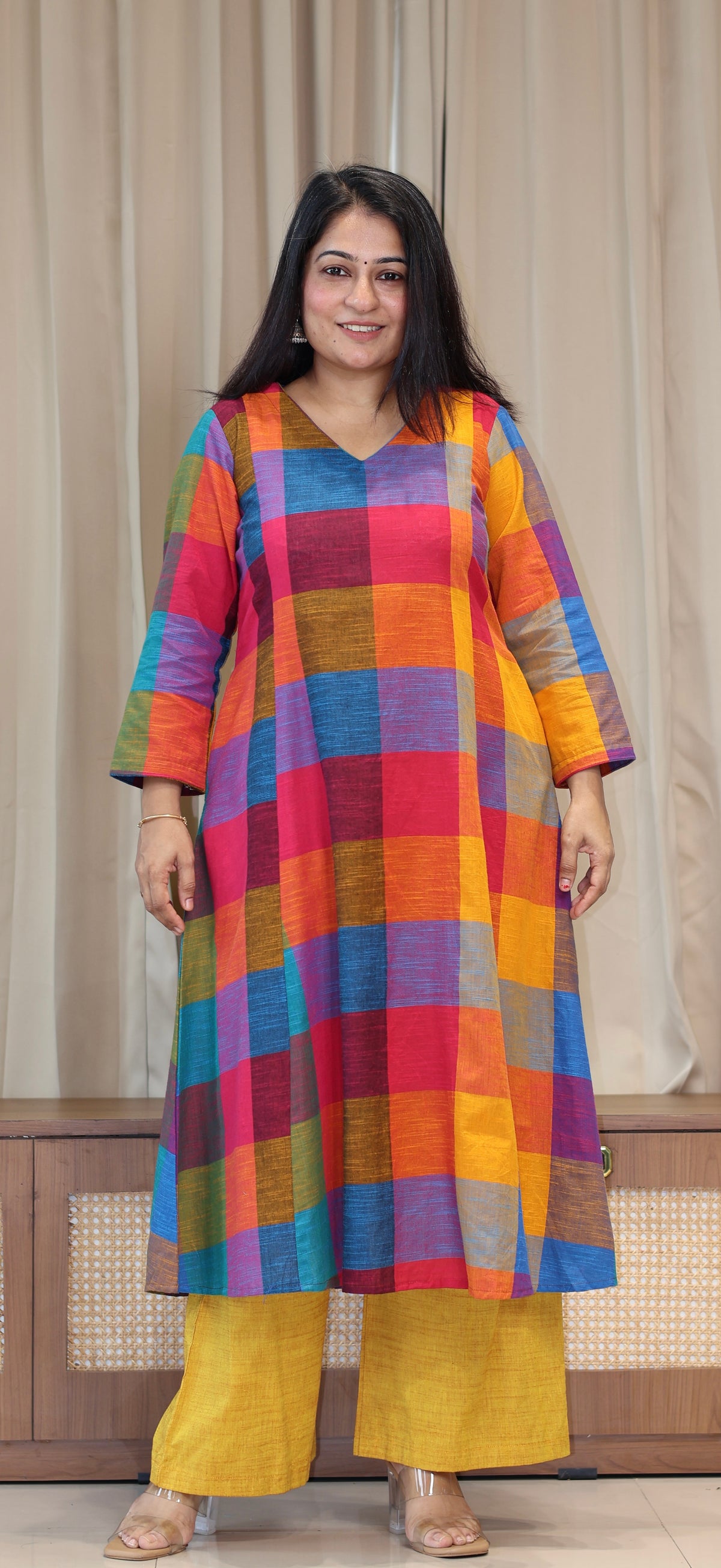 Drishti Madras Checks Handwoven Cotton Kurta - Multicolour/Yellow