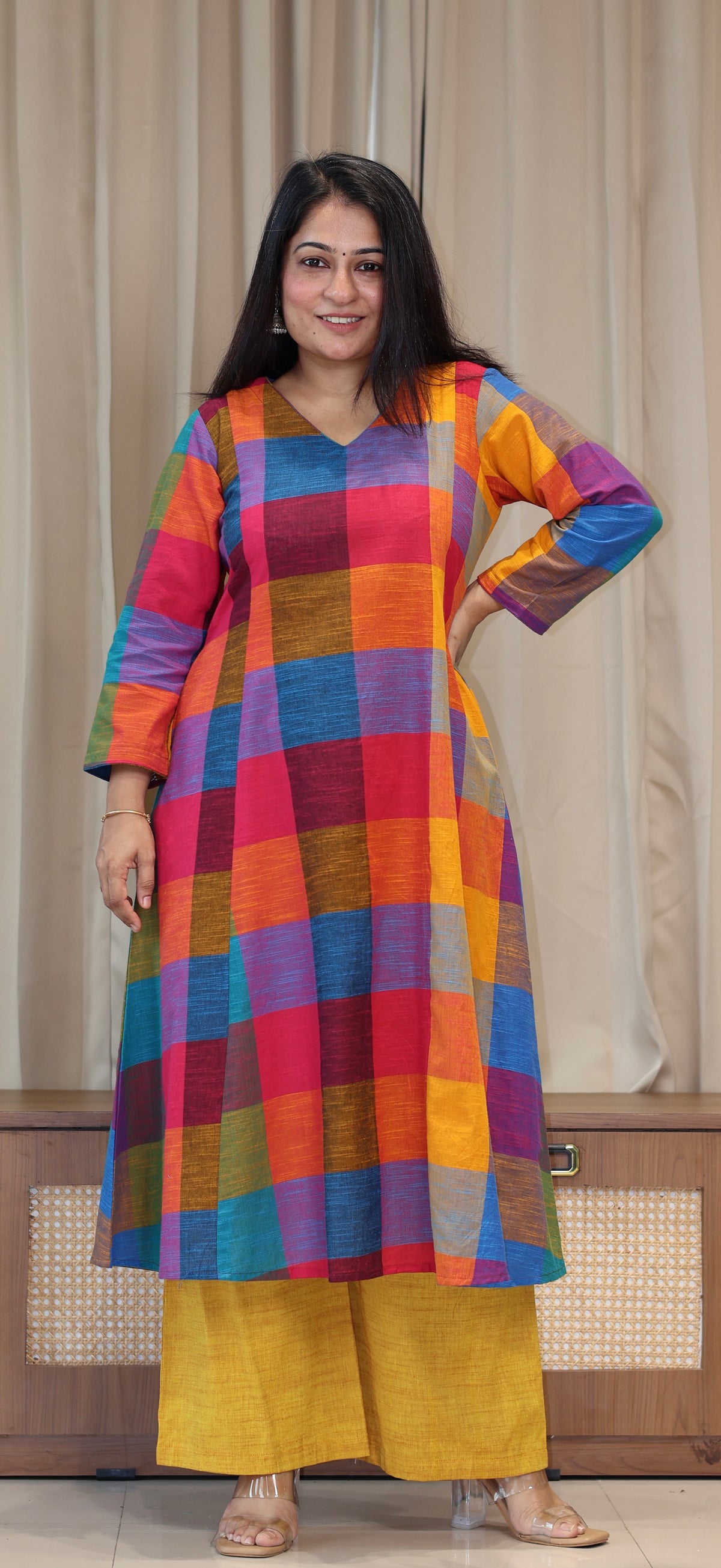 Drishti Madras Checks Handwoven Cotton Kurta - Multicolour/Yellow