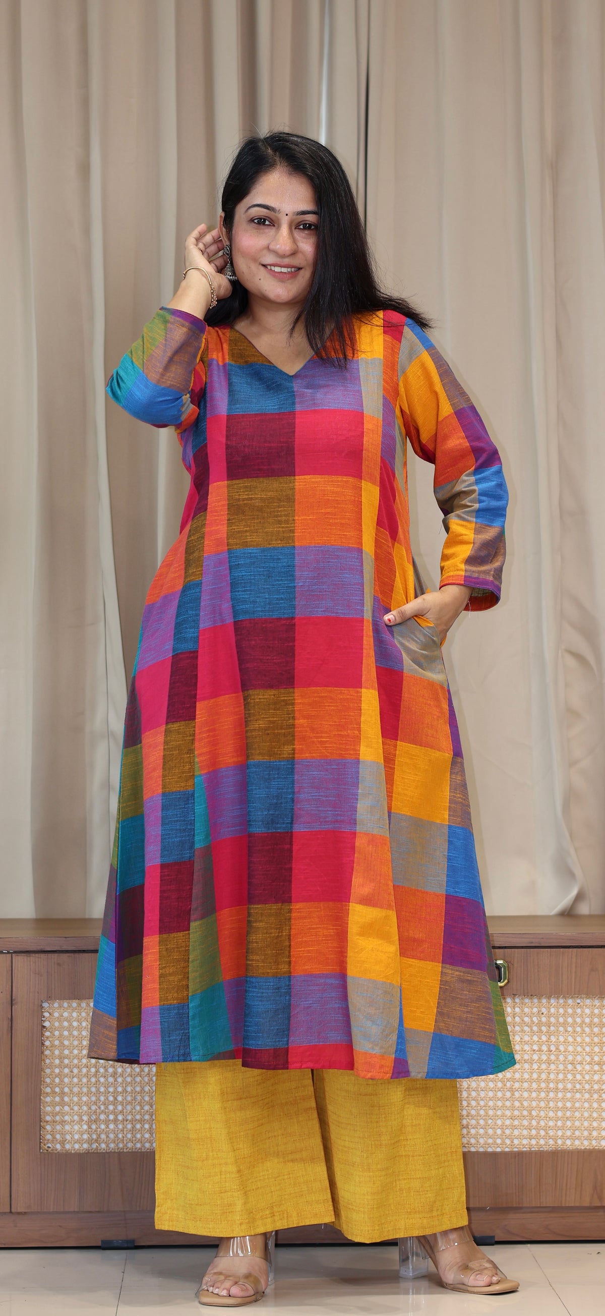 Drishti Madras Checks Handwoven Cotton Kurta - Multicolour/Yellow