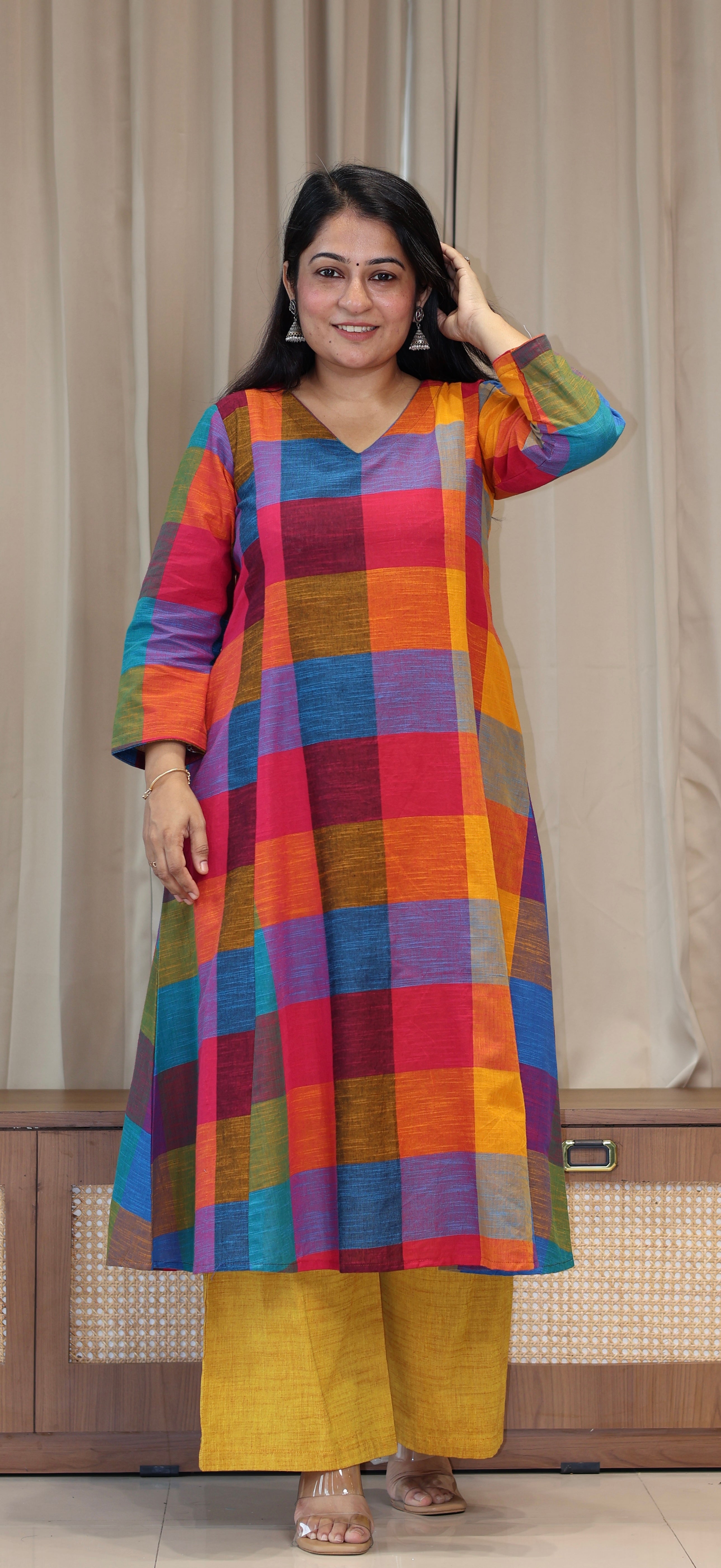 Drishti Madras Checks Handwoven Cotton Kurta - Multicolour/Yellow