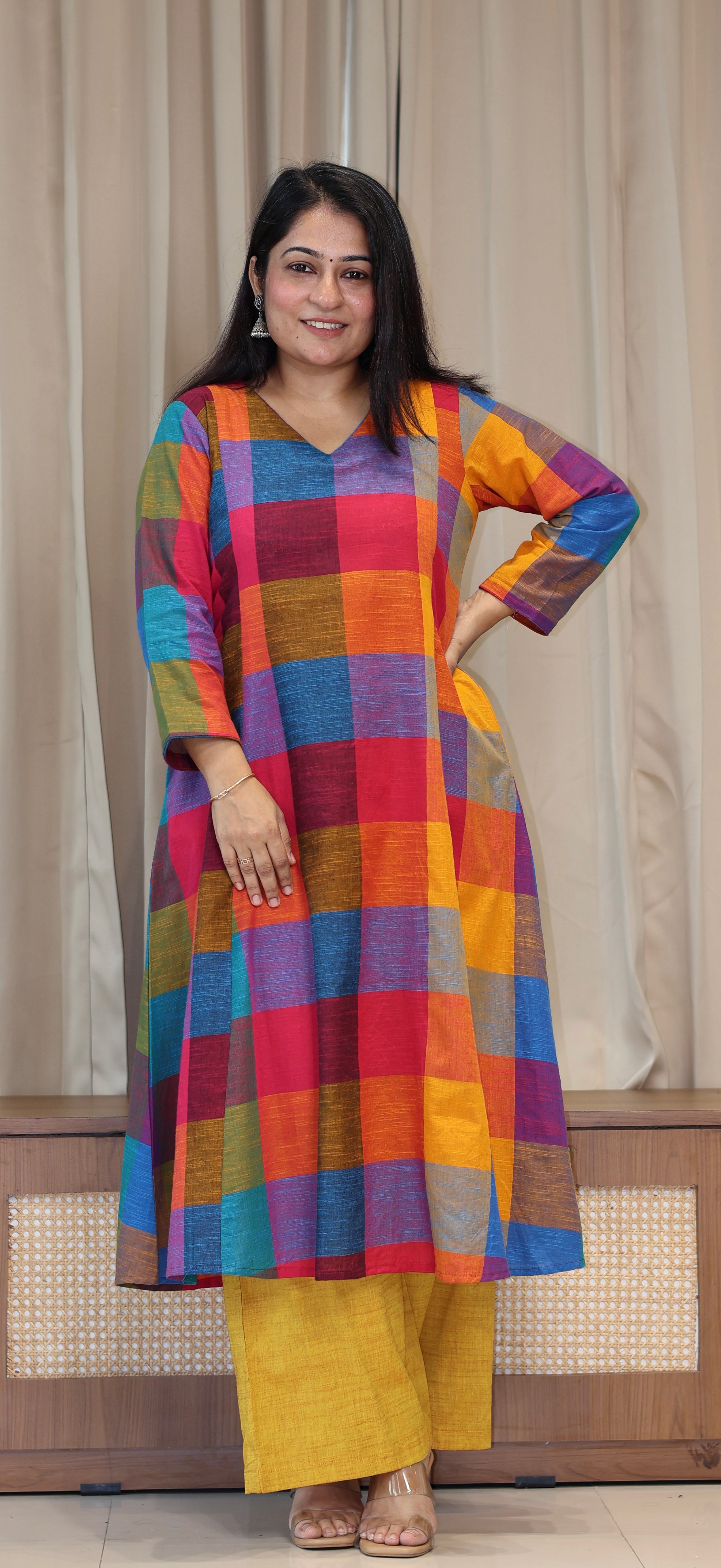 Drishti Madras Checks Handwoven Cotton Kurta - Multicolour/Yellow