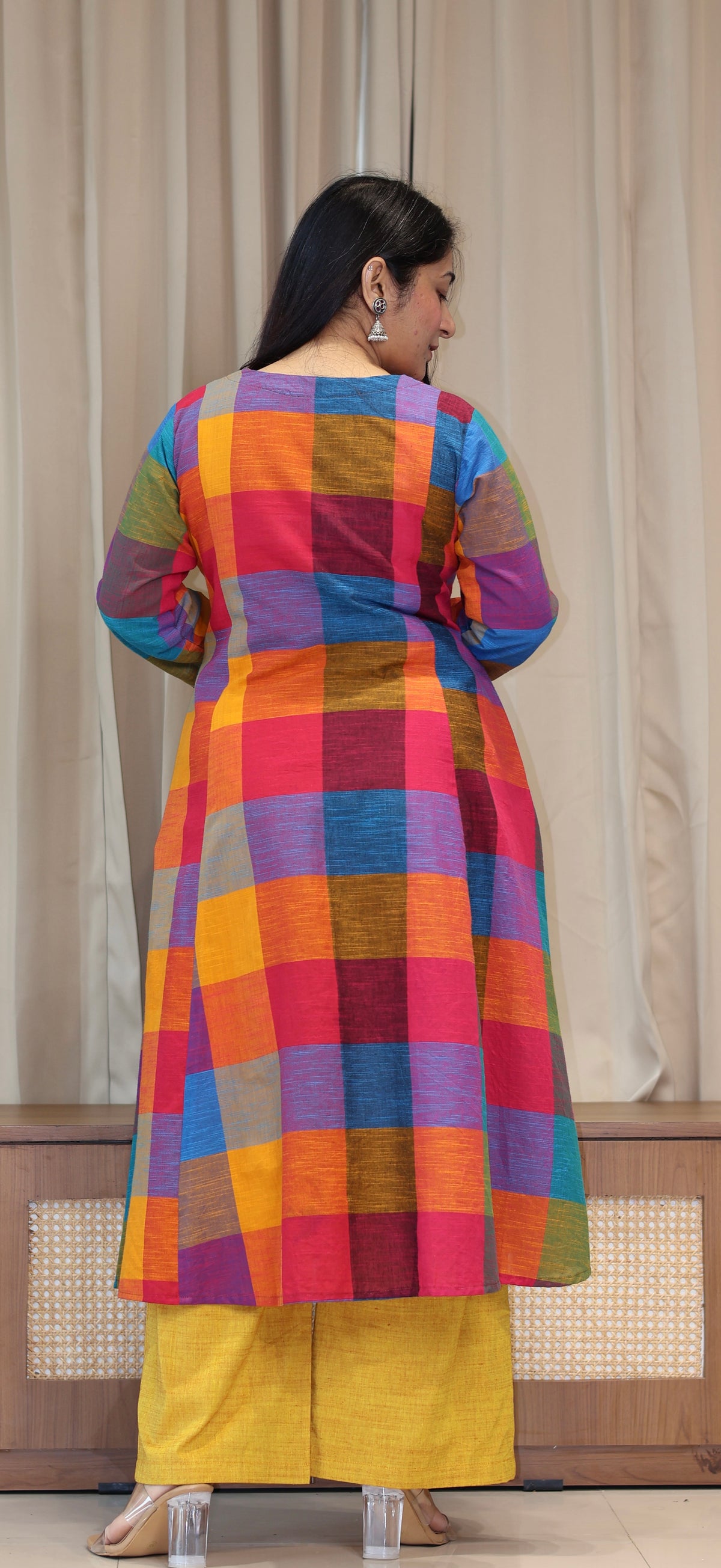 Drishti Madras Checks Handwoven Cotton Kurta - Multicolour/Yellow