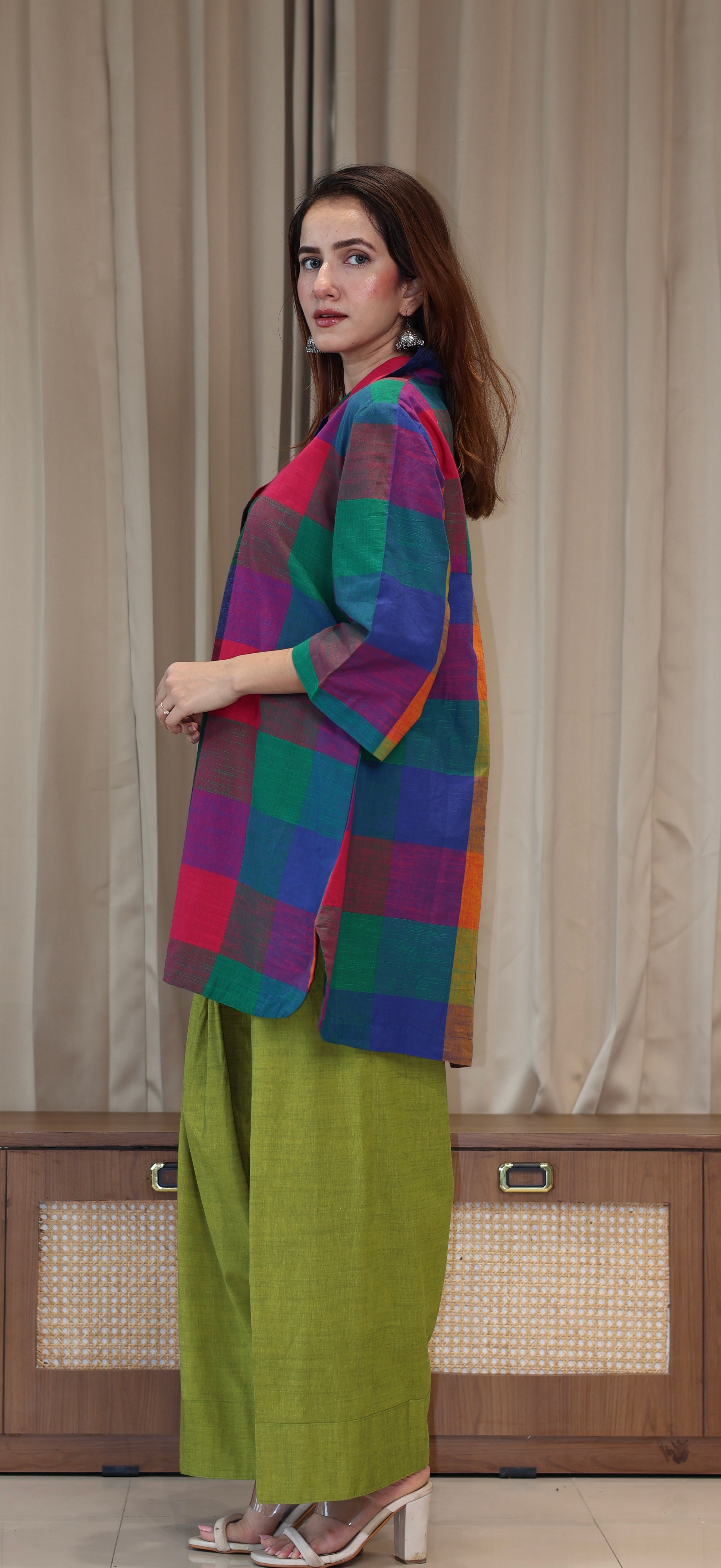Reva Madras Checks Handwoven Cotton Kurta/Farsi Salwar Set - Multicolour/Green