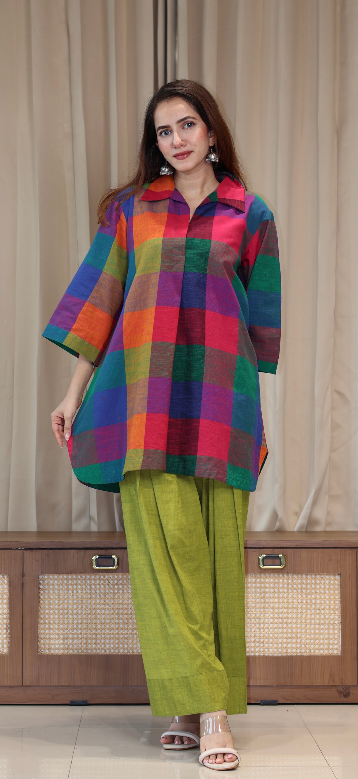 Reva Madras Checks Handwoven Cotton Kurta/Farsi Salwar Set - Multicolour/Green