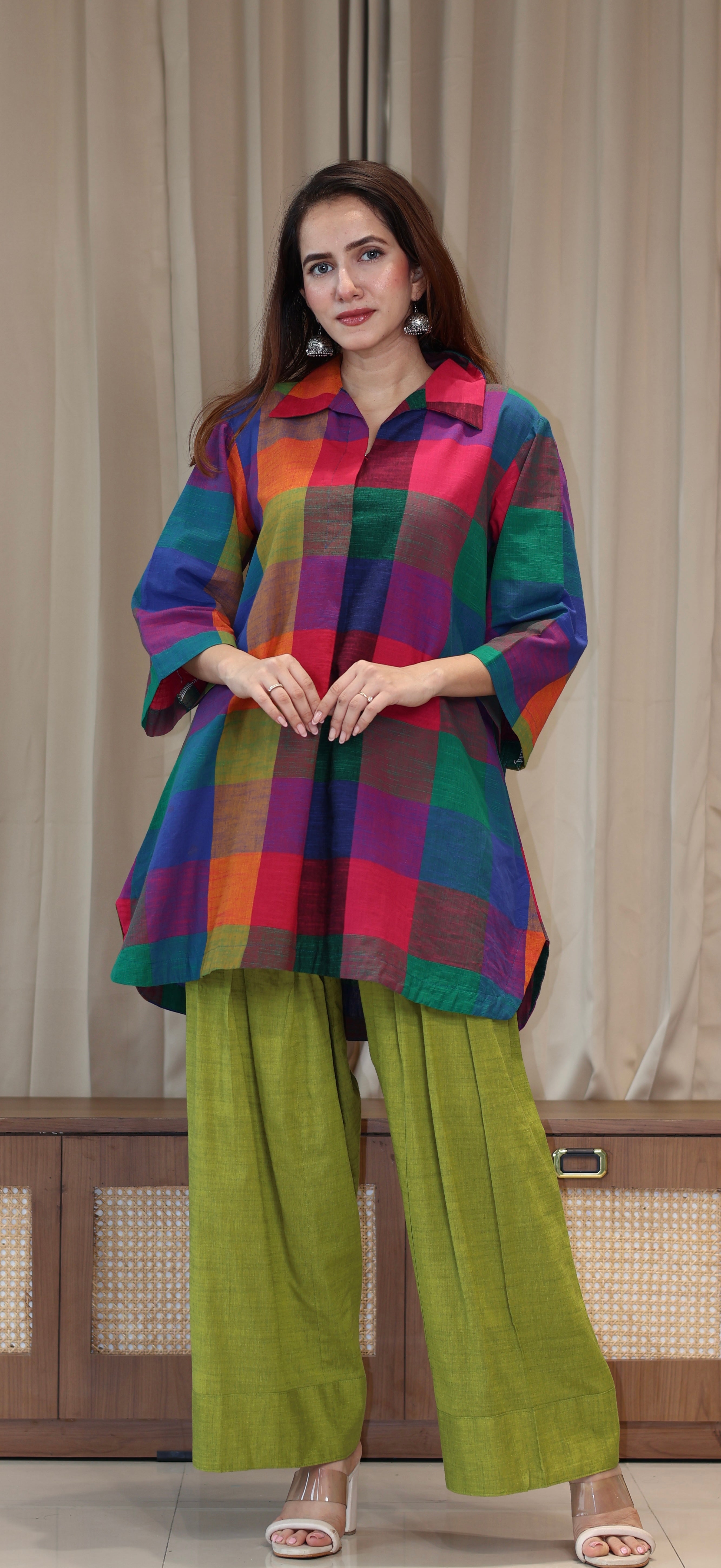 Reva Madras Checks Handwoven Cotton Kurta/Farsi Salwar Set - Multicolour/Green