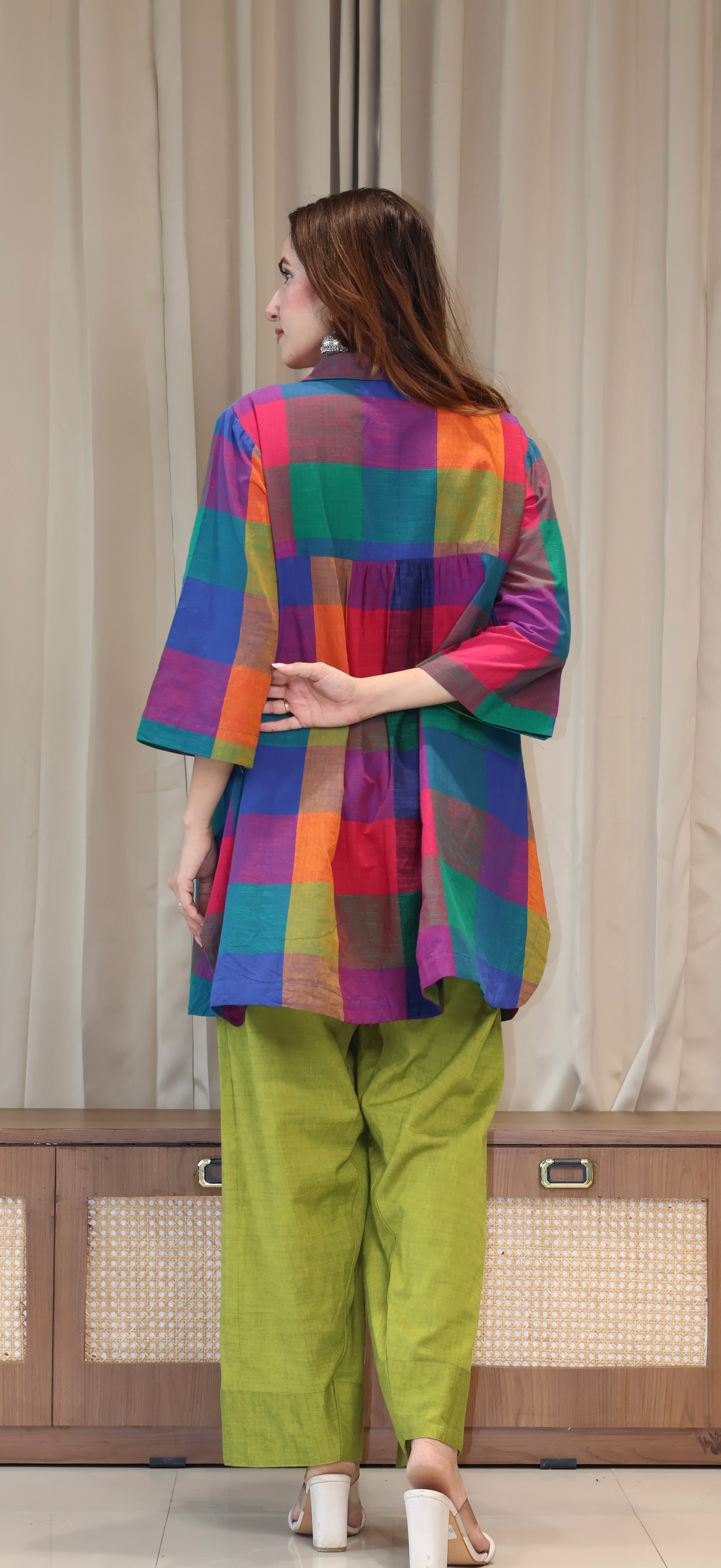 Reva Madras Checks Handwoven Cotton Kurta/Farsi Salwar Set - Multicolour/Green