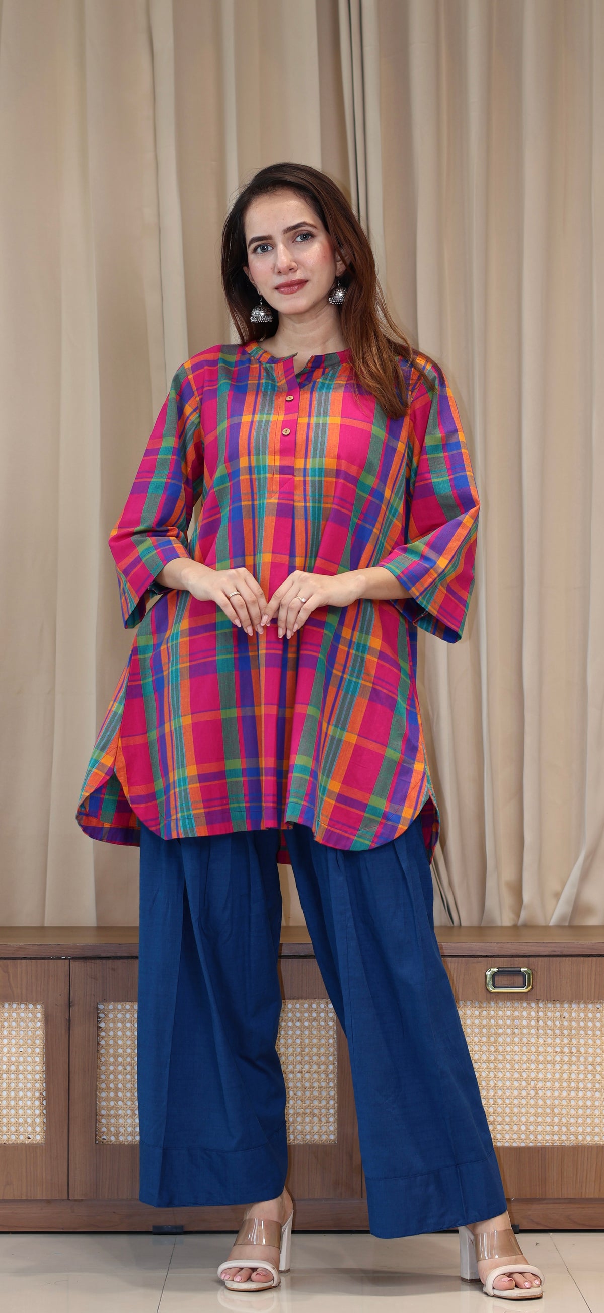 Raha Madras Checks Handwoven Cotton Kurta/Farsi Salwar Set - Multicolour/Blue