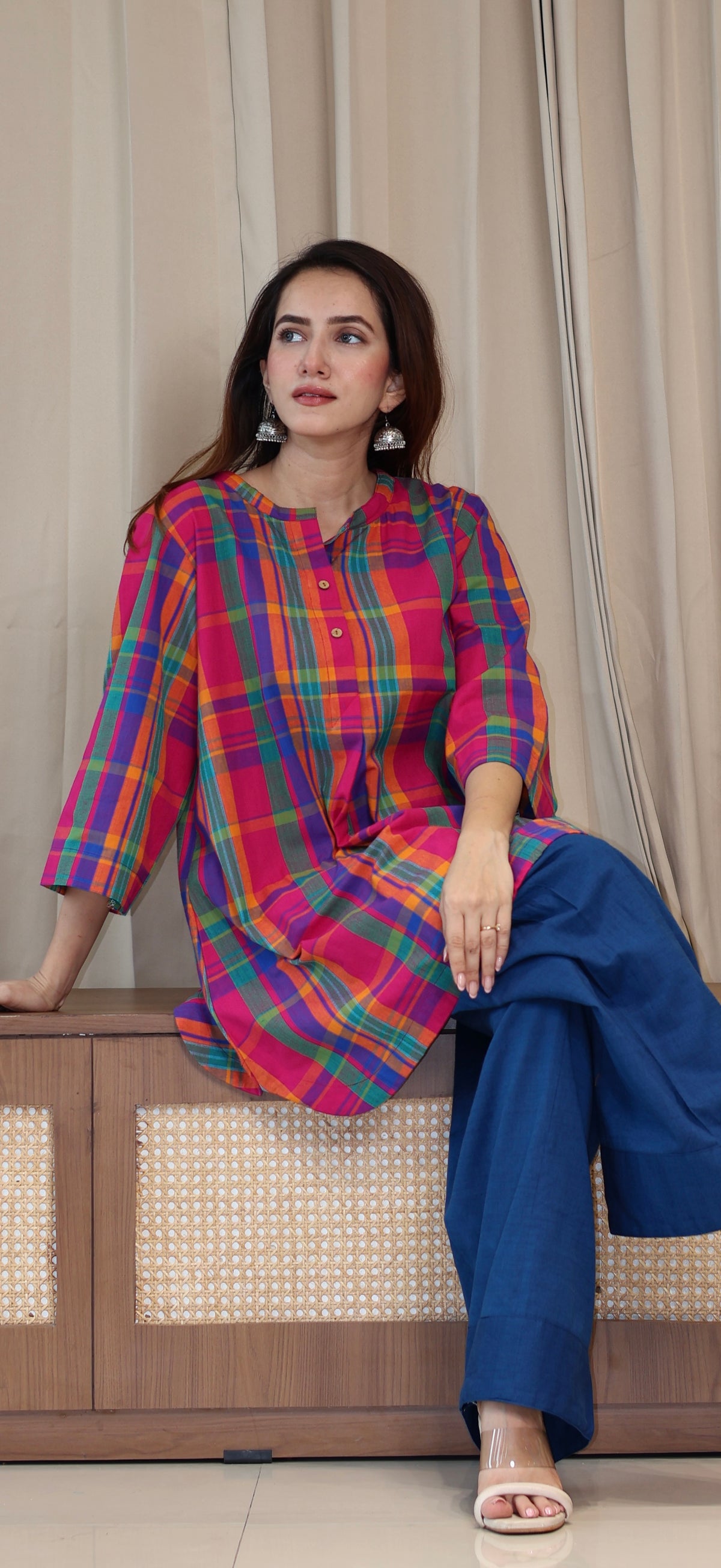 Raha Madras Checks Handwoven Cotton Kurta/Farsi Salwar Set - Multicolour/Blue