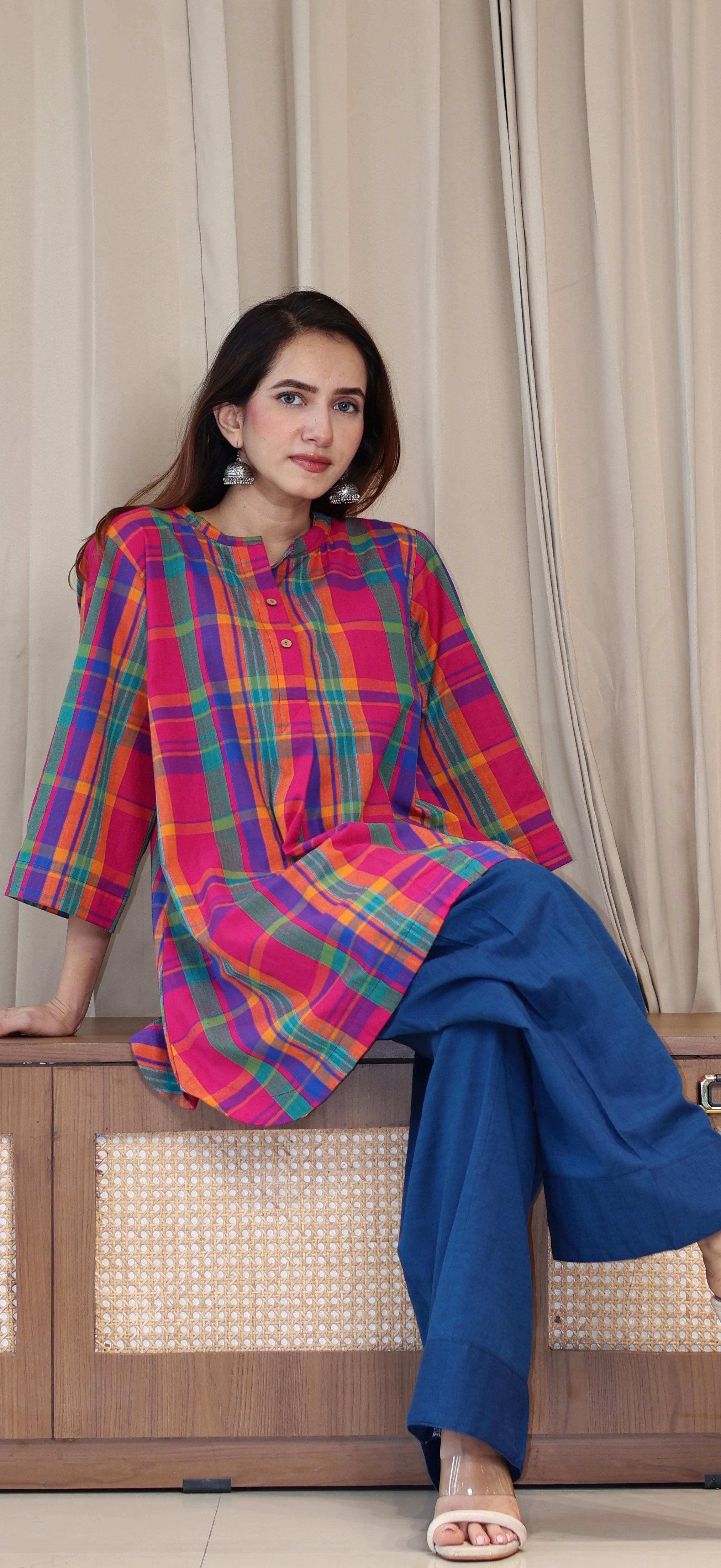 Raha Madras Checks Handwoven Cotton Kurta/Farsi Salwar Set - Multicolour/Blue