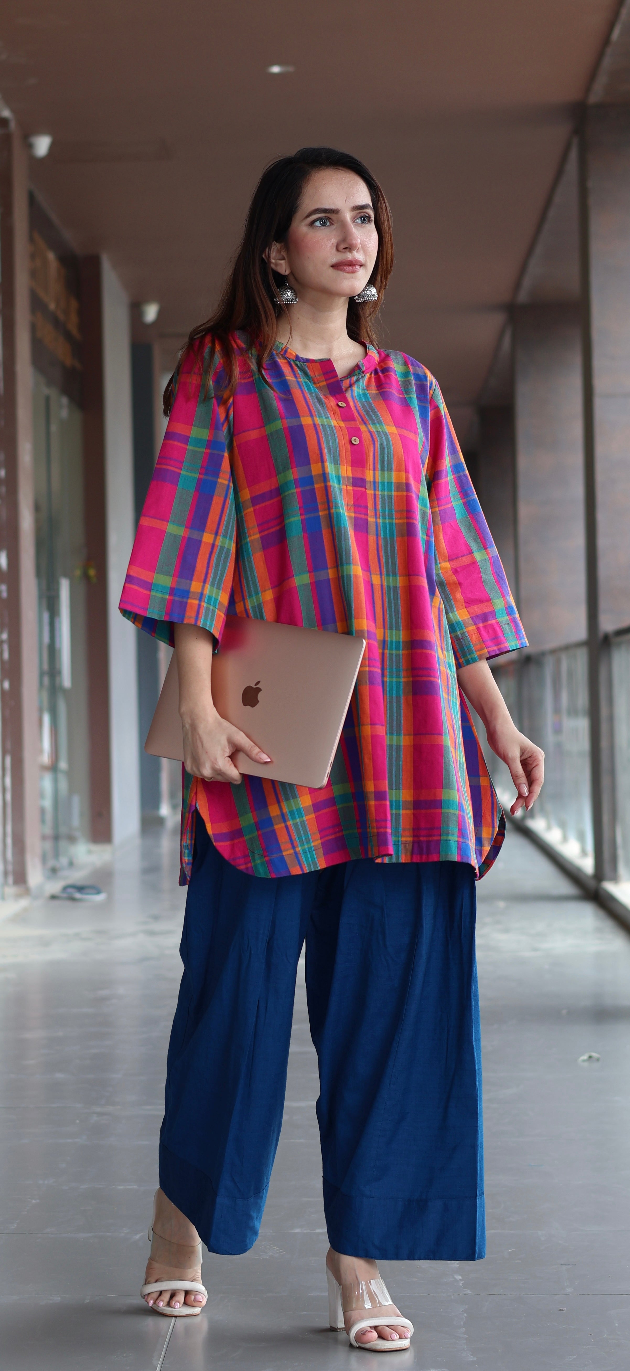 Raha Madras Checks Handwoven Cotton Kurta/Farsi Salwar Set - Multicolour/Blue