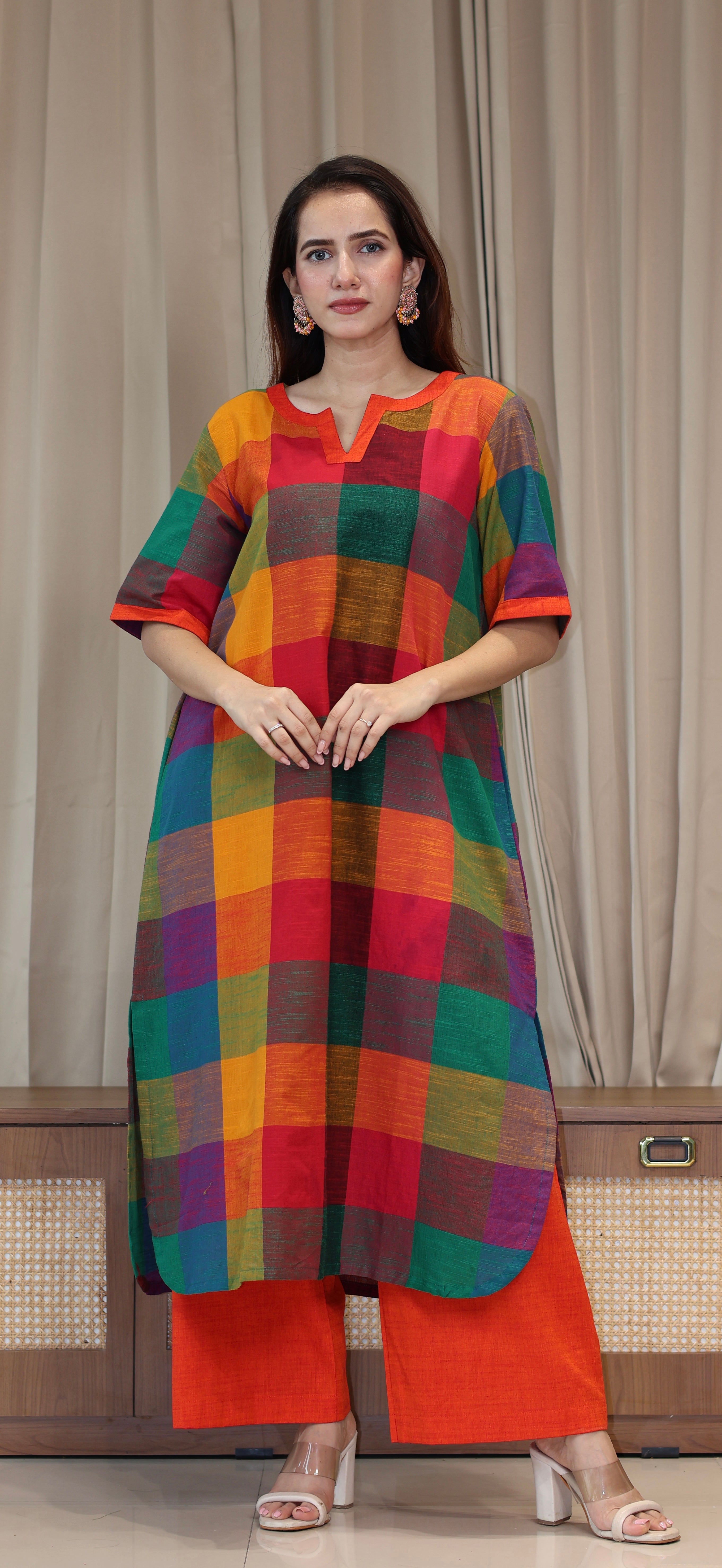 Manya Madras Checks Handwoven Cotton Kurta - Multicolour/Orange