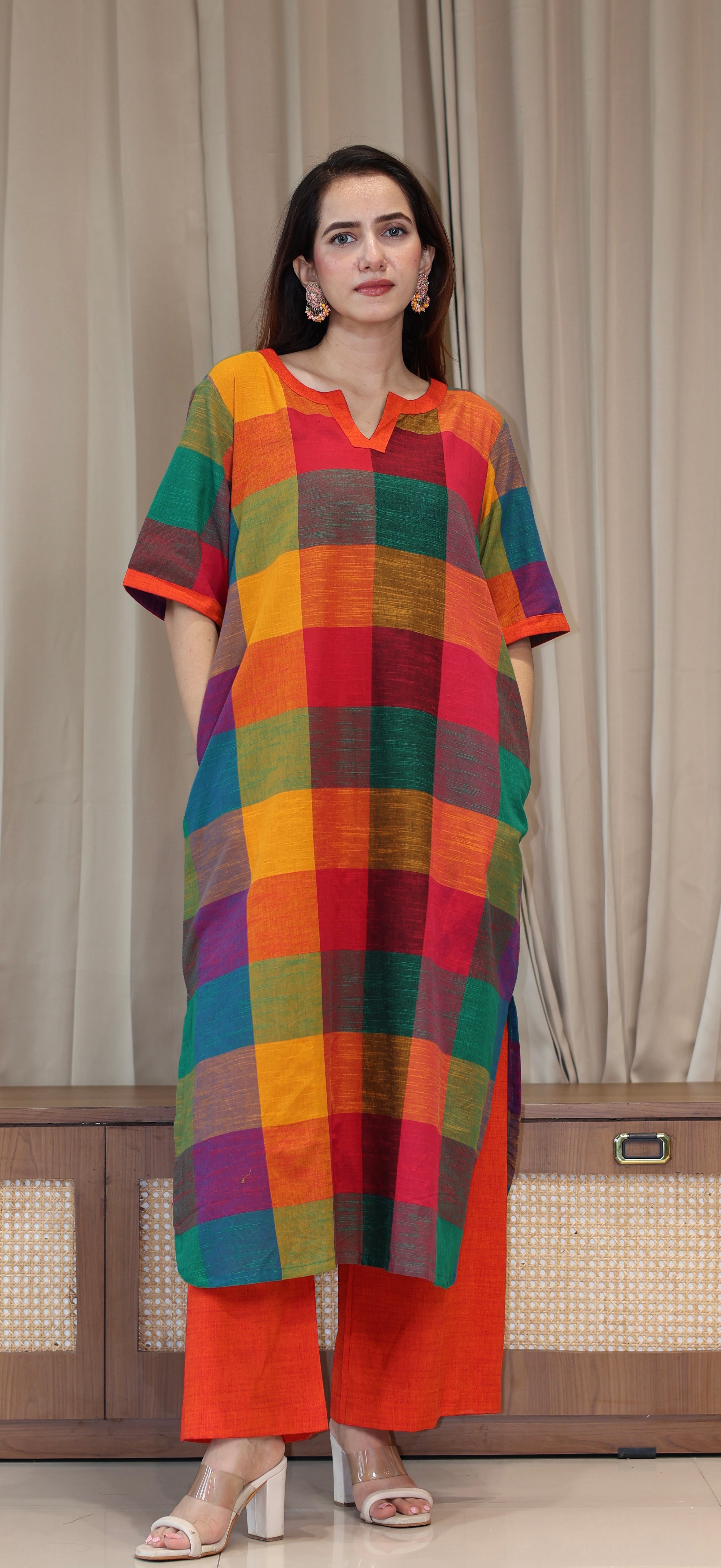 Manya Madras Checks Handwoven Cotton Kurta - Multicolour/Orange