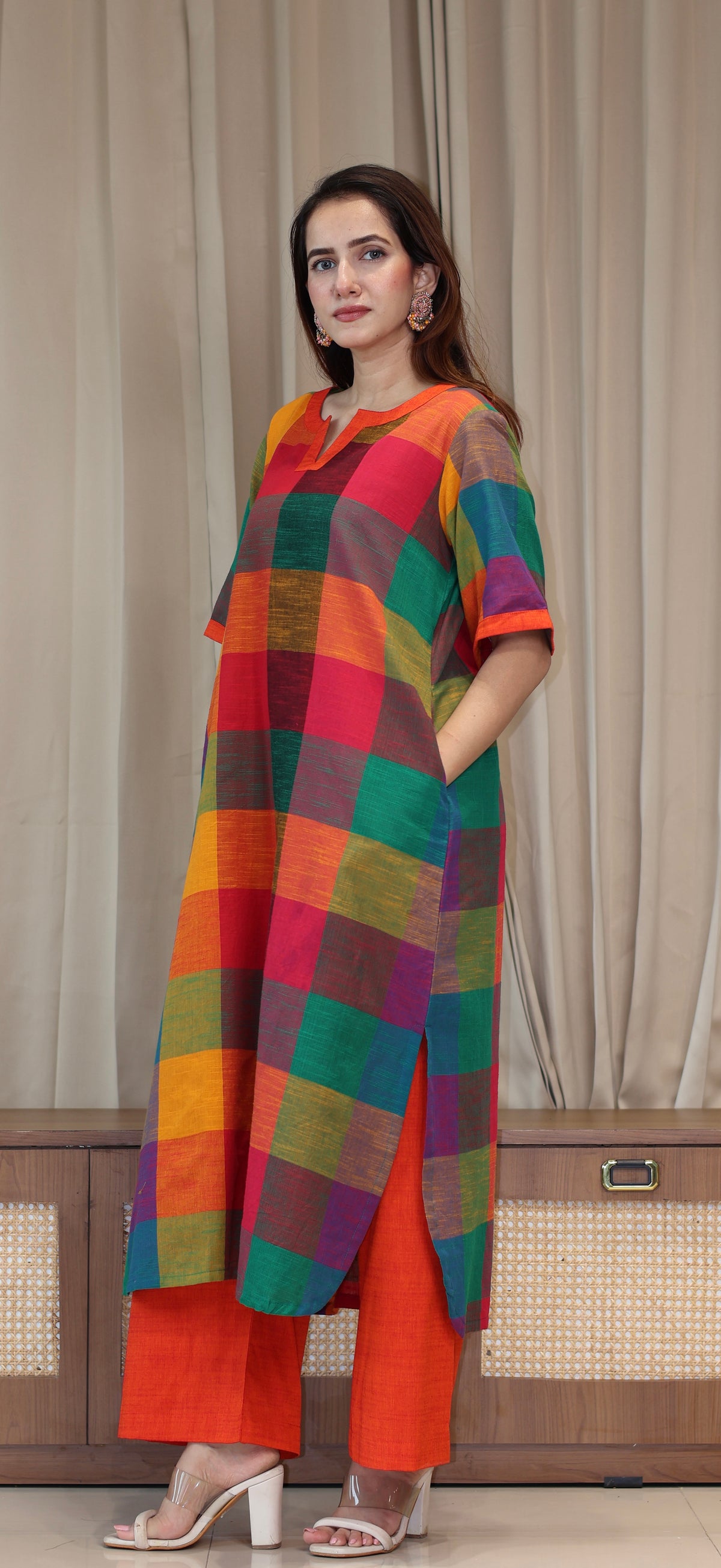 Manya Madras Checks Handwoven Cotton Kurta - Multicolour/Orange