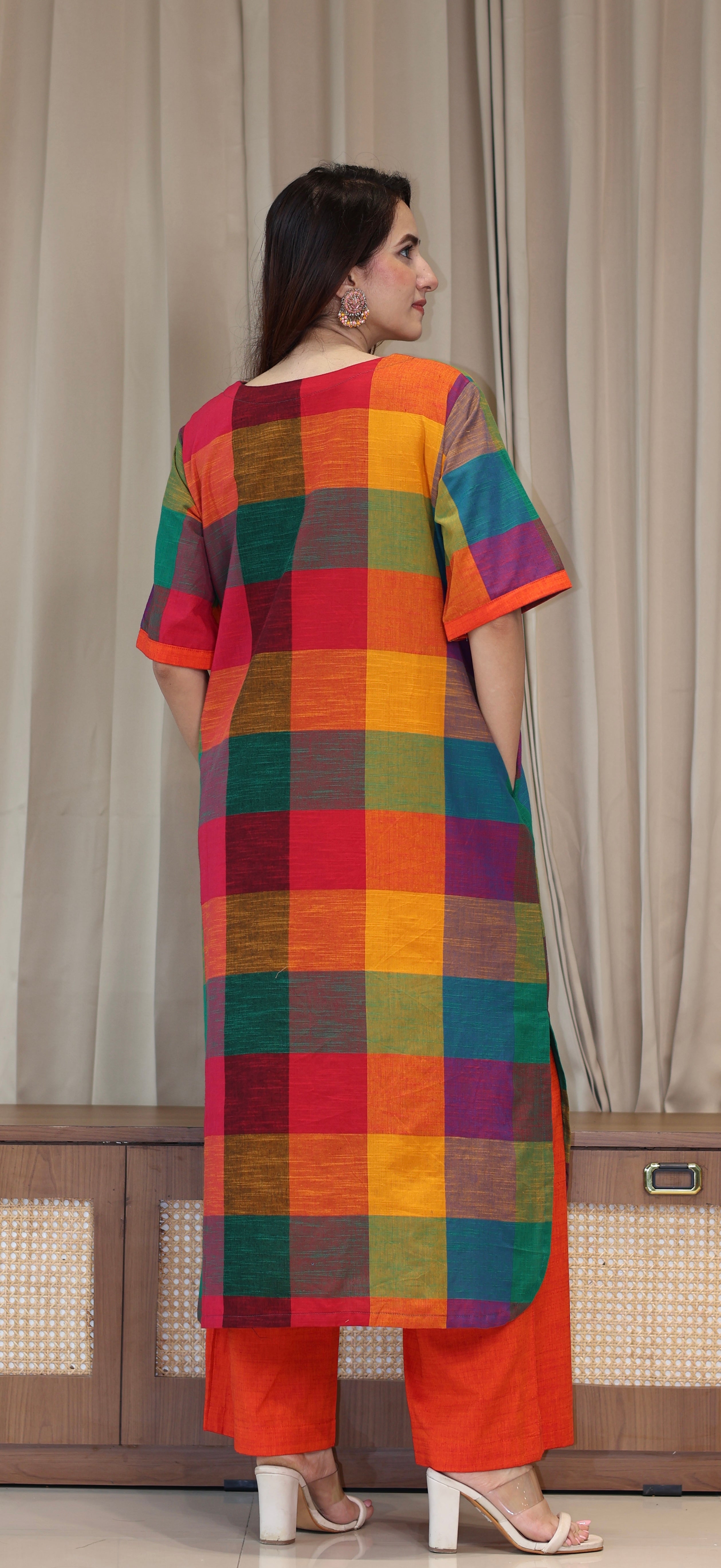 Manya Madras Checks Handwoven Cotton Kurta - Multicolour/Orange