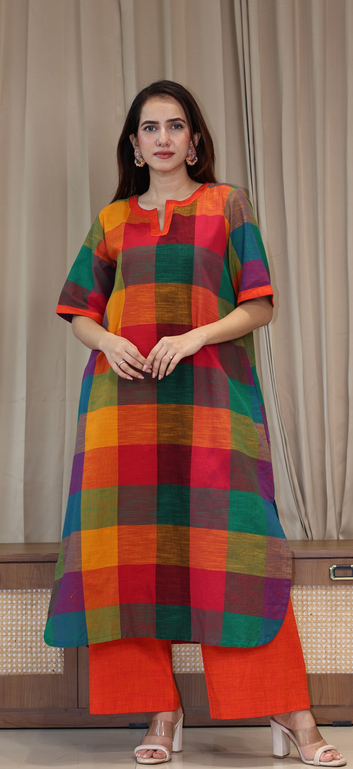 Manya Madras Checks Handwoven Cotton Kurta - Multicolour/Orange