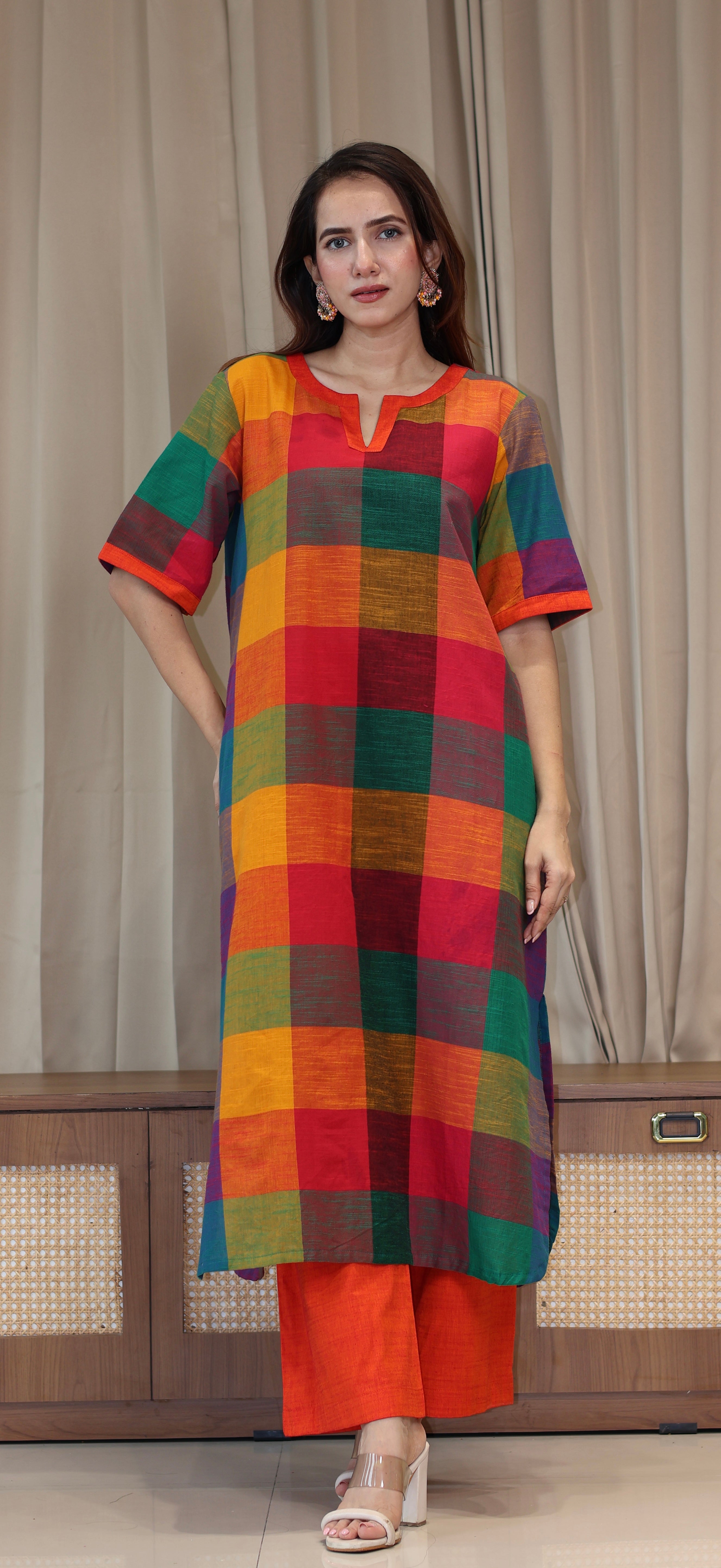 Manya Madras Checks Handwoven Cotton Kurta - Multicolour/Orange