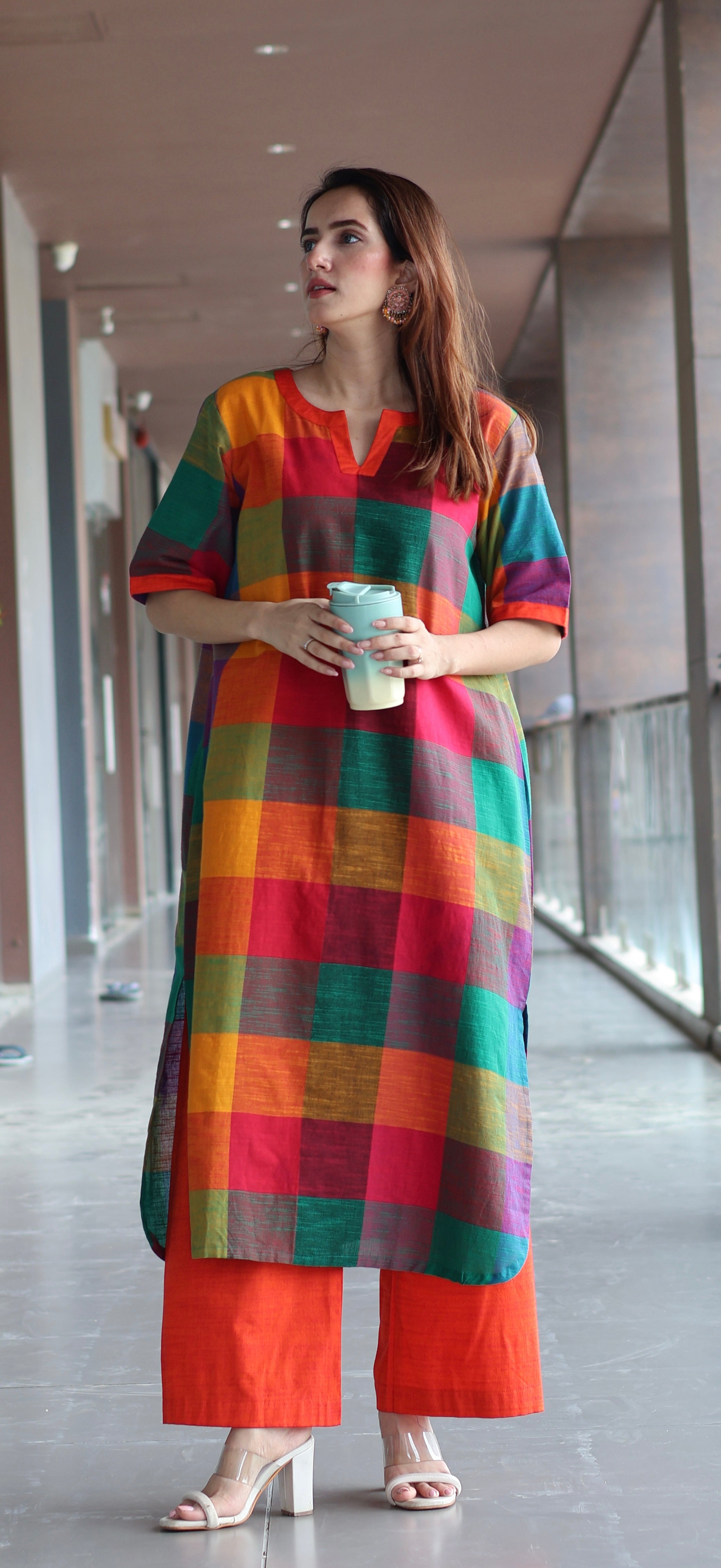 Manya Madras Checks Handwoven Cotton Kurta - Multicolour/Orange