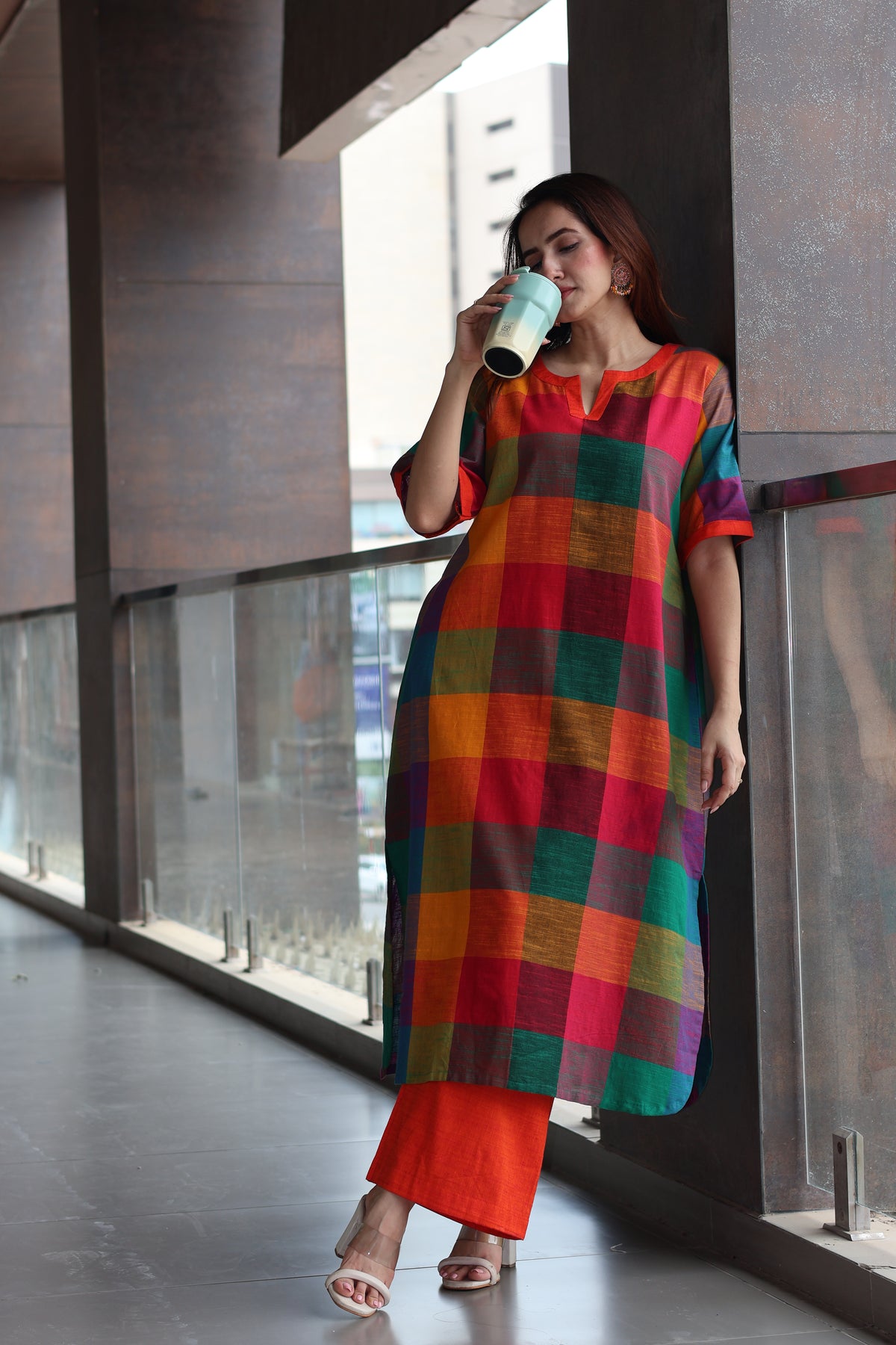 Manya Madras Checks Handwoven Cotton Kurta - Multicolour/Orange