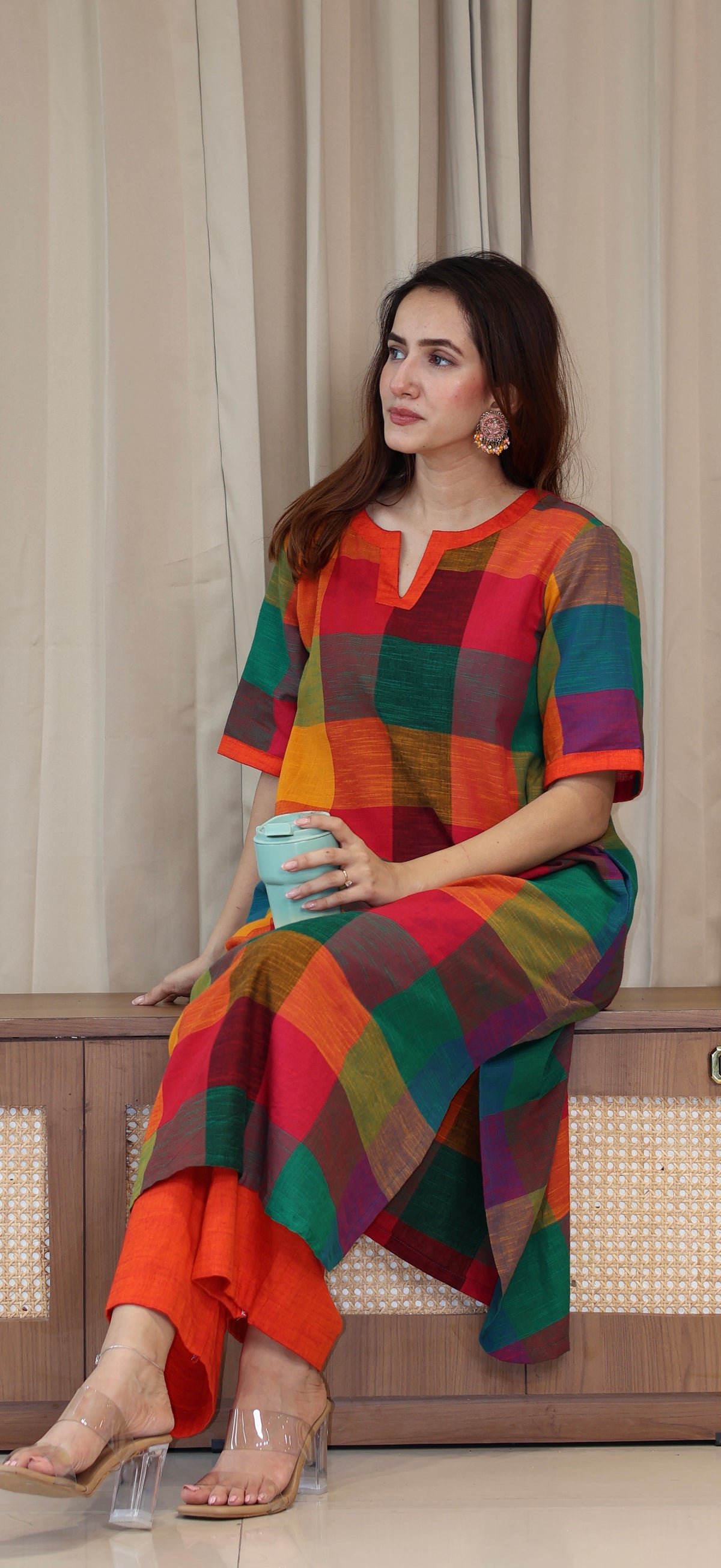 Manya Madras Checks Handwoven Cotton Kurta - Multicolour/Orange