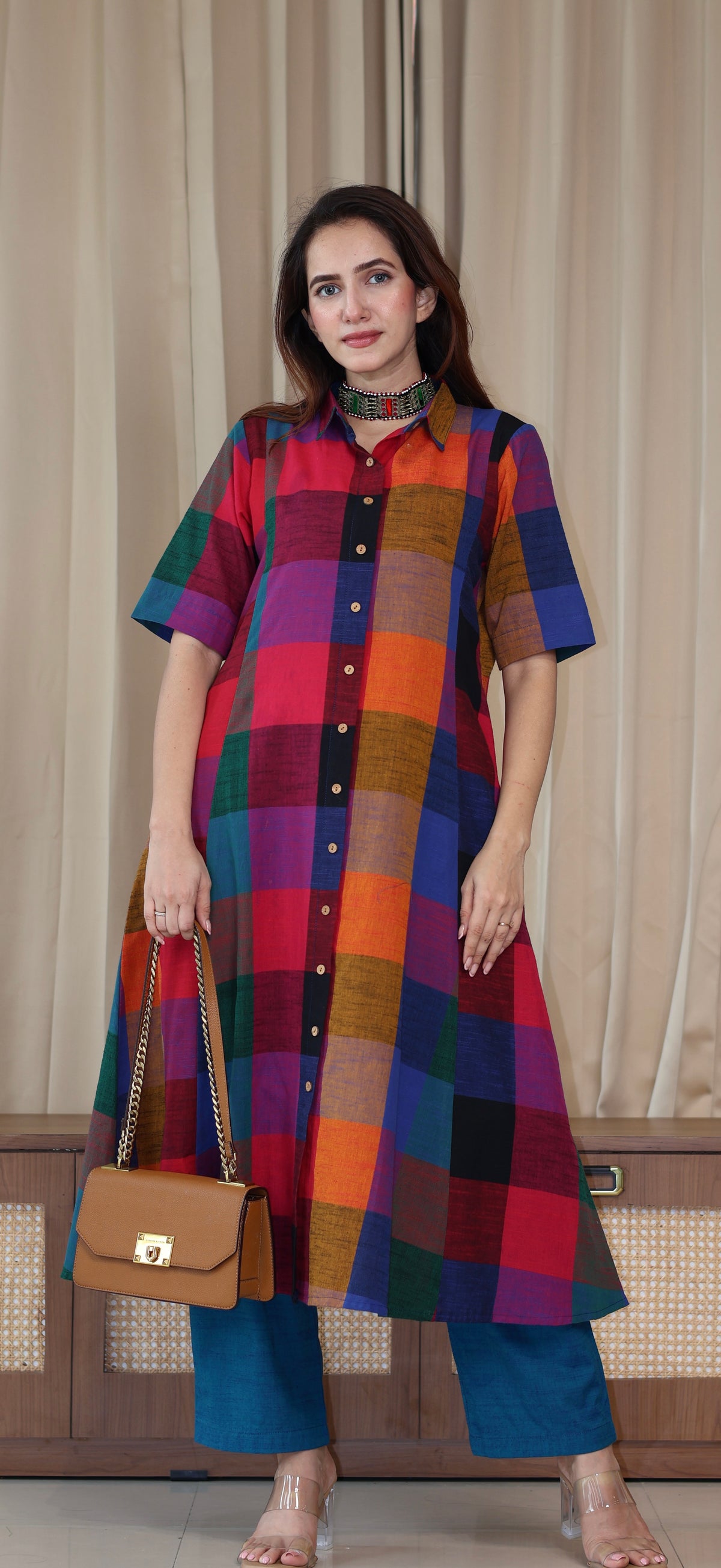 Medha Madras Checks Handwoven Cotton Kurta - Multicolour/Blue