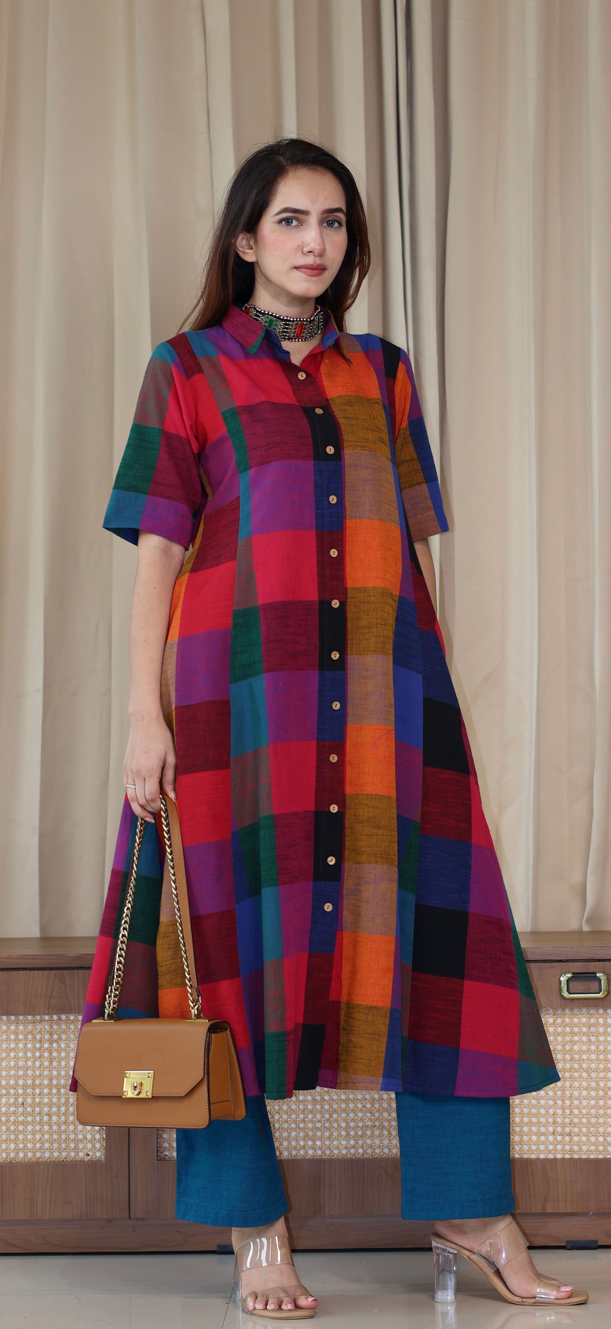 Medha Madras Checks Handwoven Cotton Kurta - Multicolour/Blue