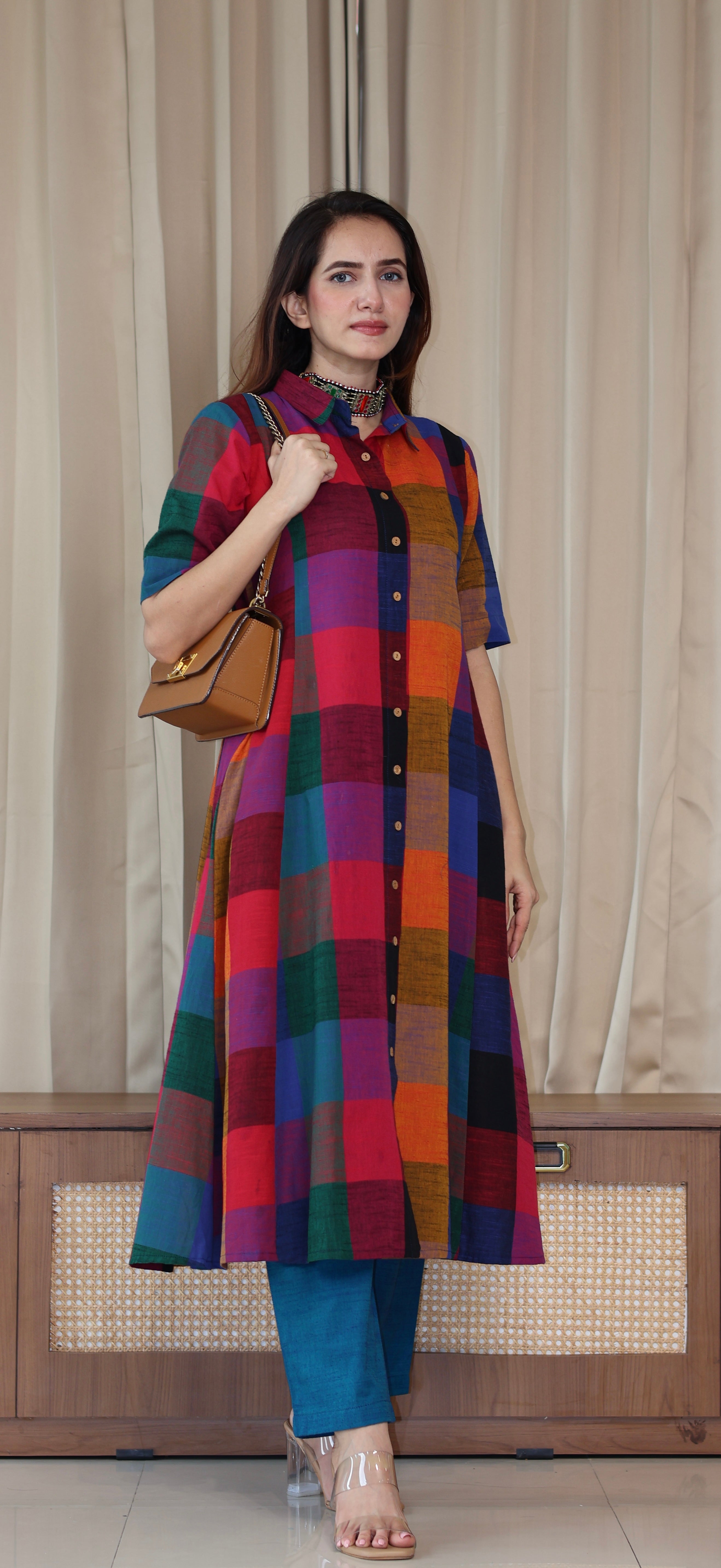 Medha Madras Checks Handwoven Cotton Kurta - Multicolour/Blue