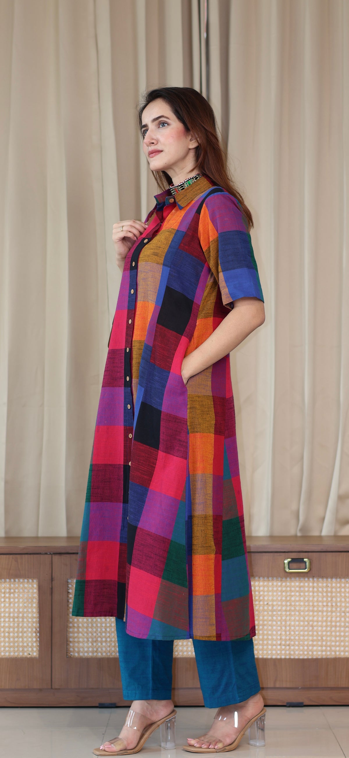 Medha Madras Checks Handwoven Cotton Kurta - Multicolour/Blue