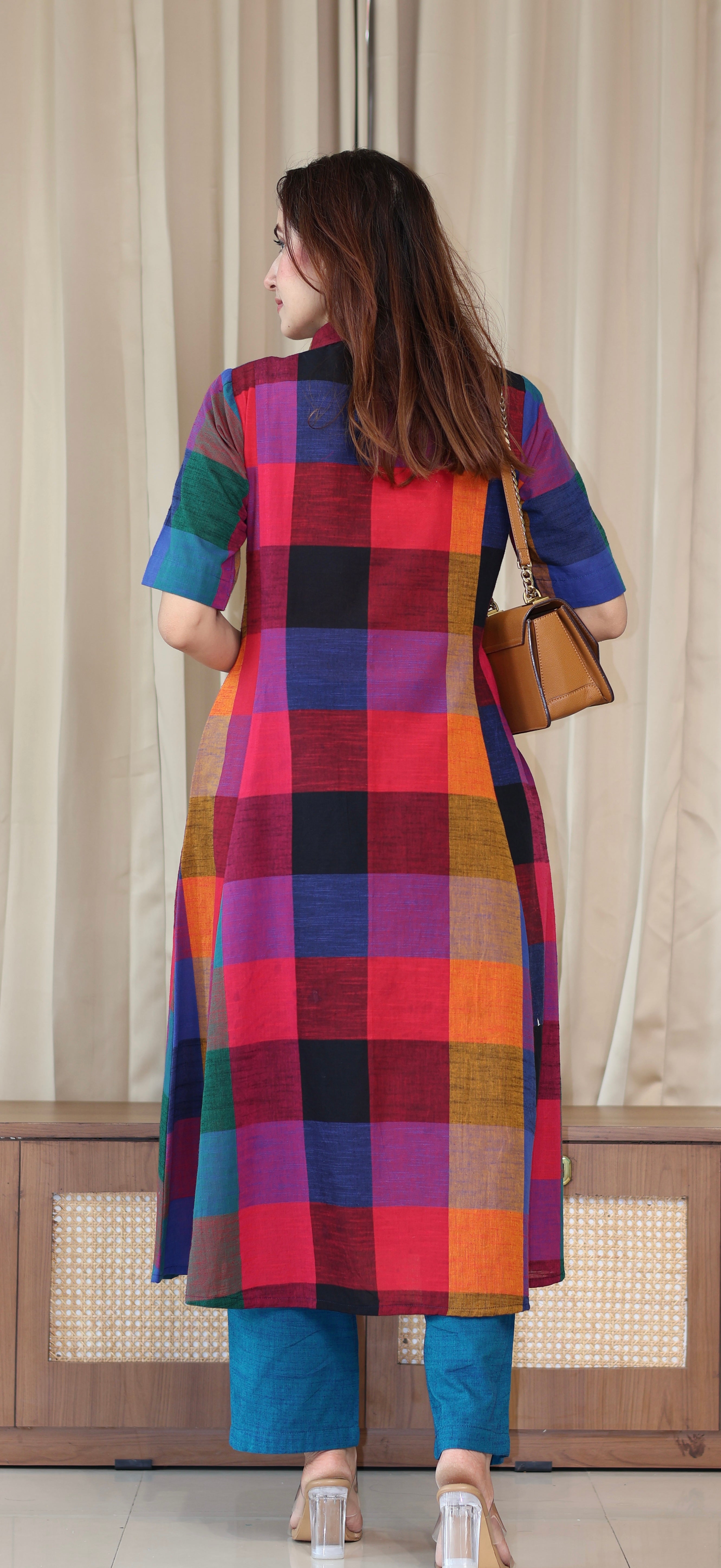 Medha Madras Checks Handwoven Cotton Kurta - Multicolour/Blue