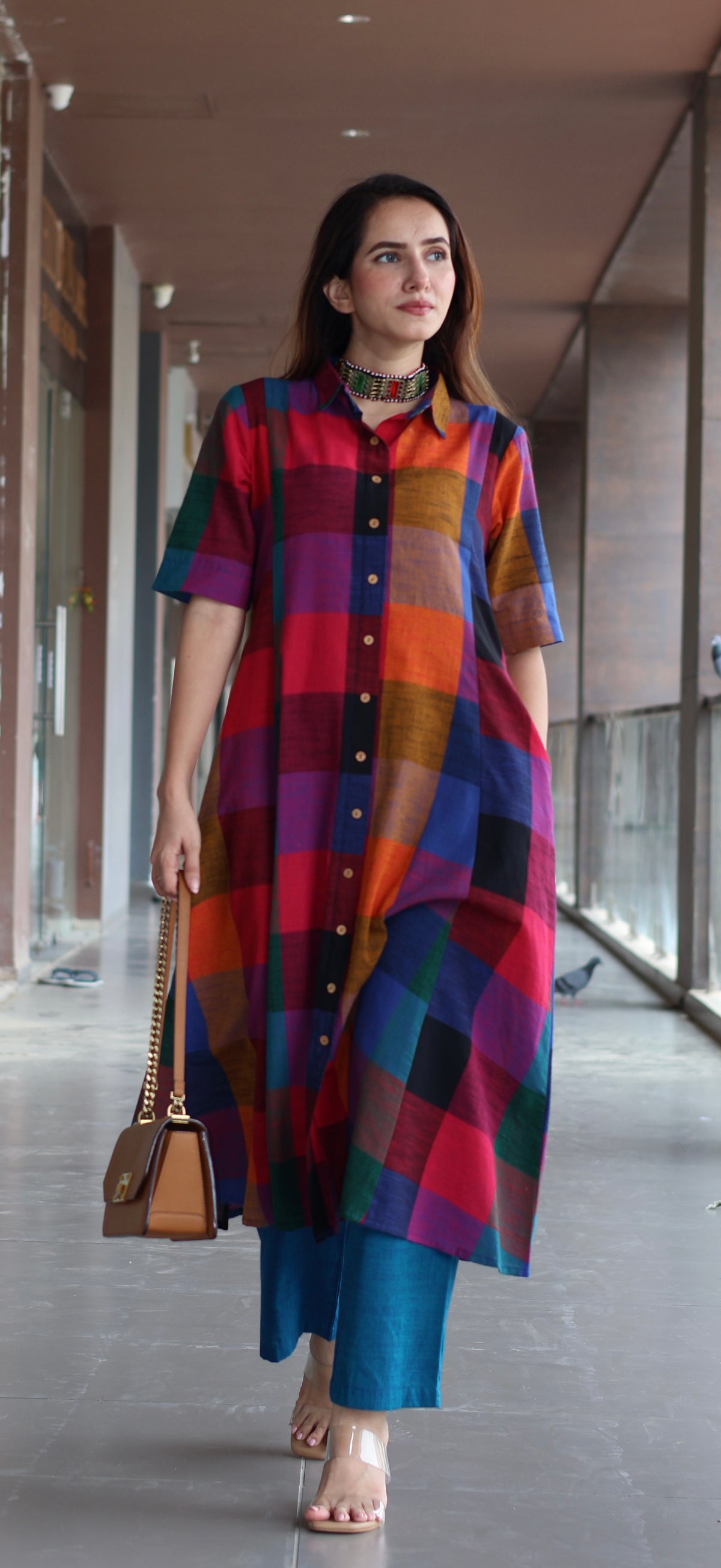 Medha Madras Checks Handwoven Cotton Kurta - Multicolour/Blue