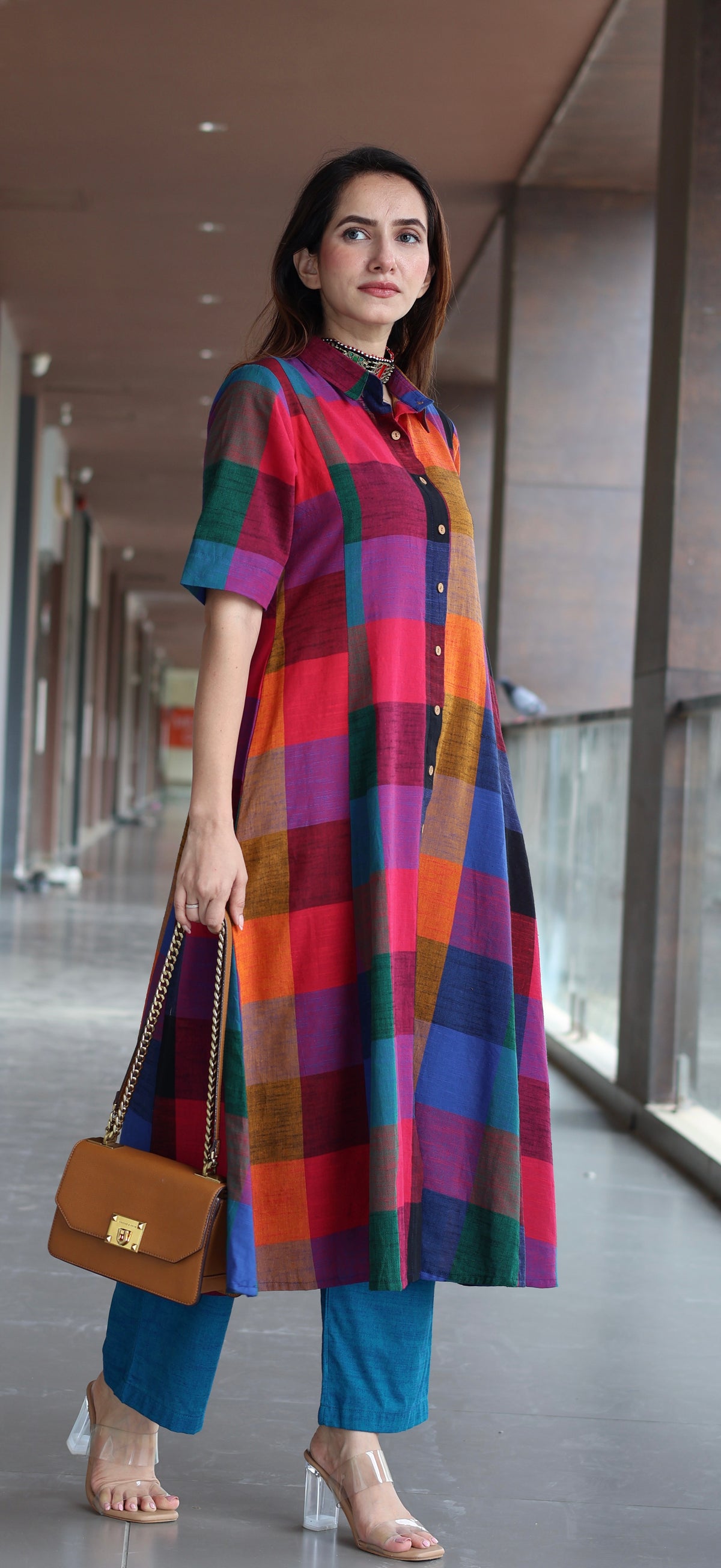 Medha Madras Checks Handwoven Cotton Kurta - Multicolour/Blue