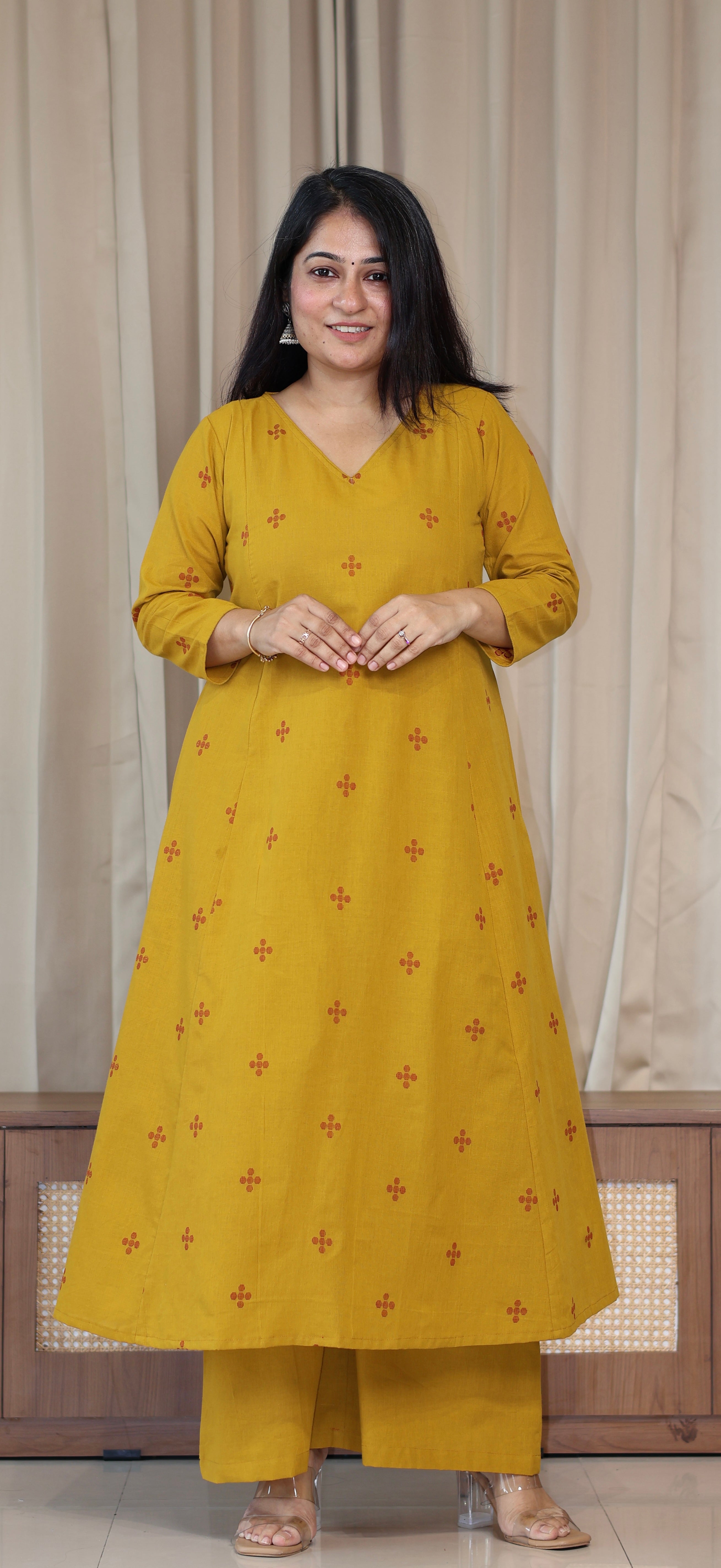 Elina Handwoven Cotton Kurta Set - Mustard Yellow