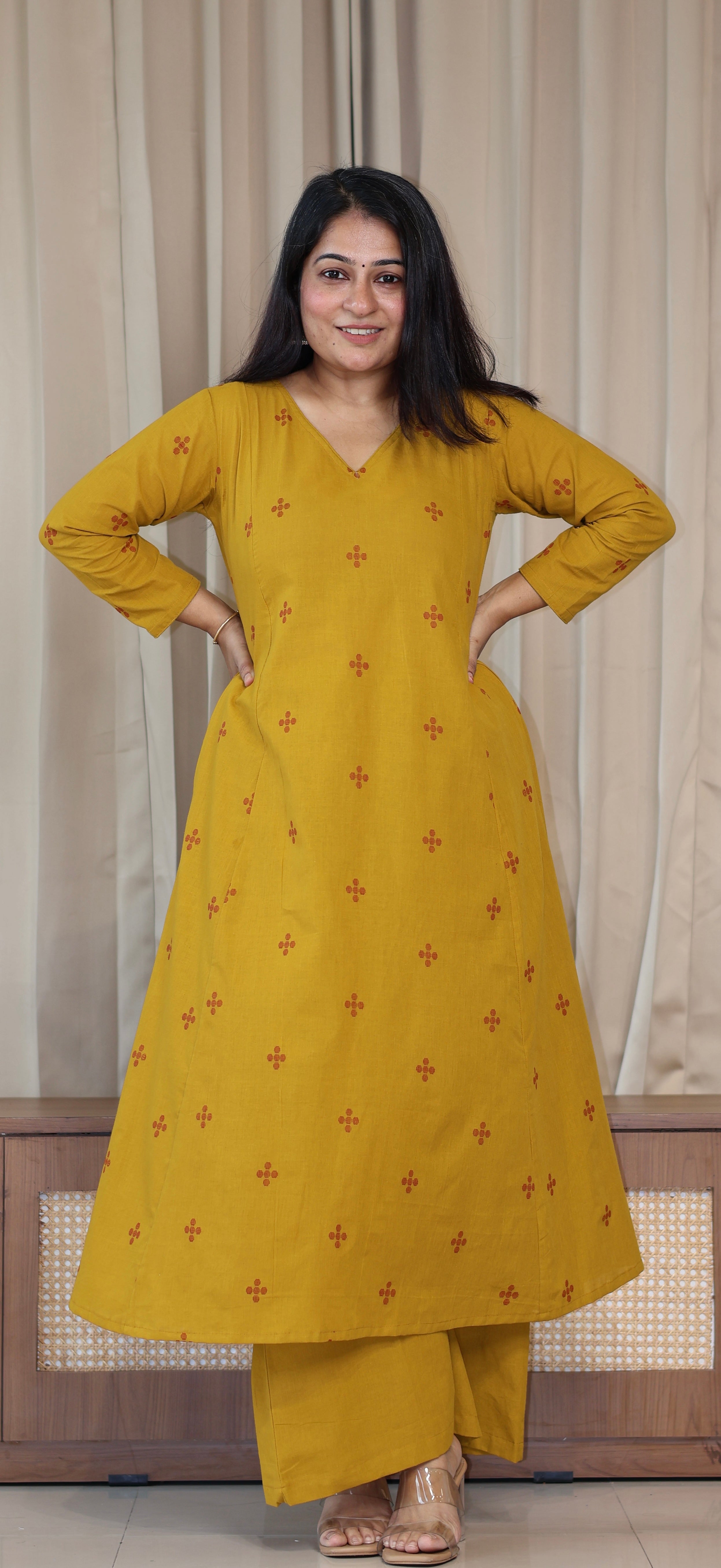 Elina Handwoven Cotton Kurta Set - Mustard Yellow