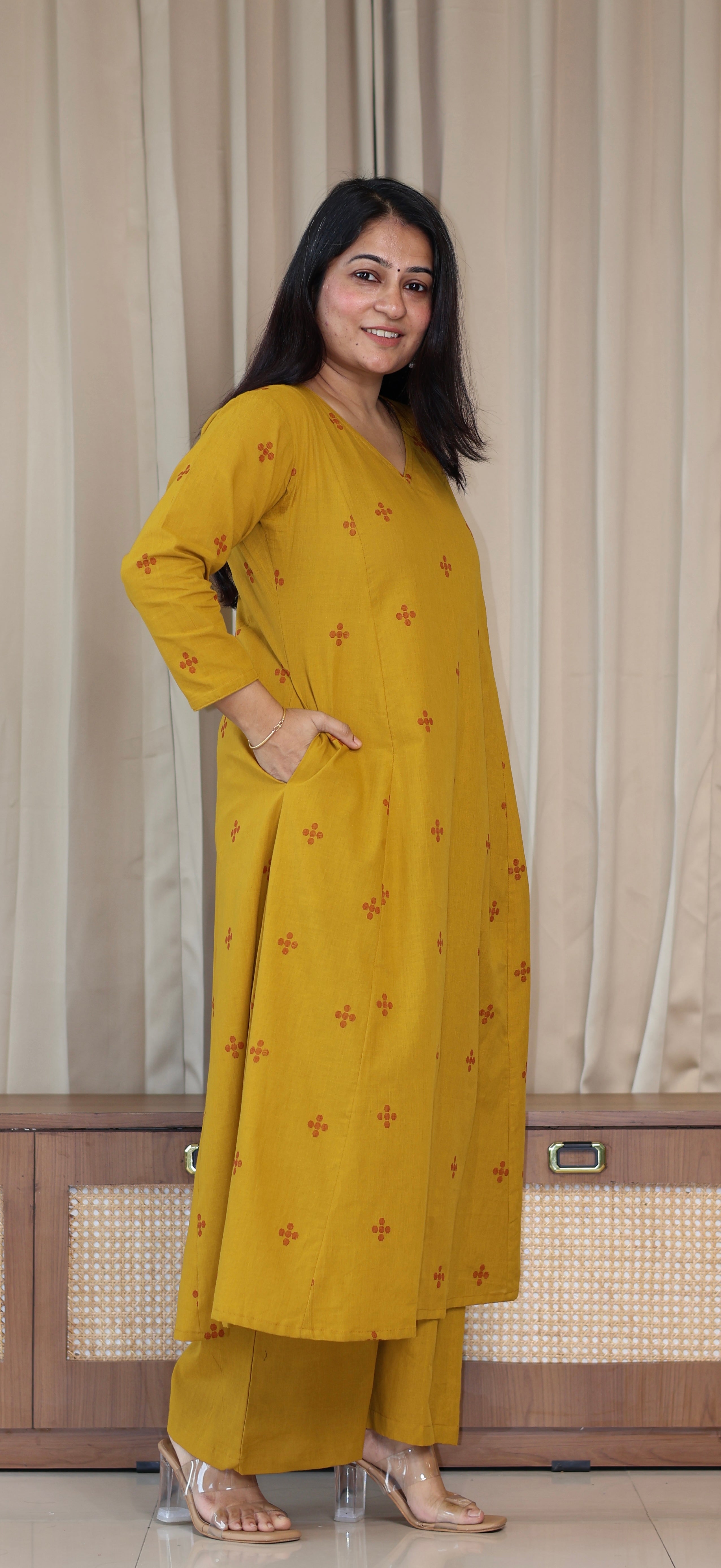 Elina Handwoven Cotton Kurta Set - Mustard Yellow