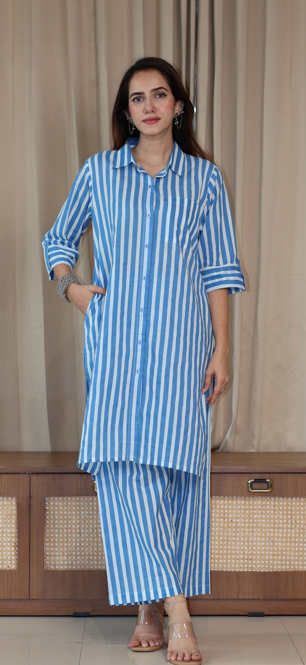 Blue/Ivory Stripes Cotton Co-ord Set