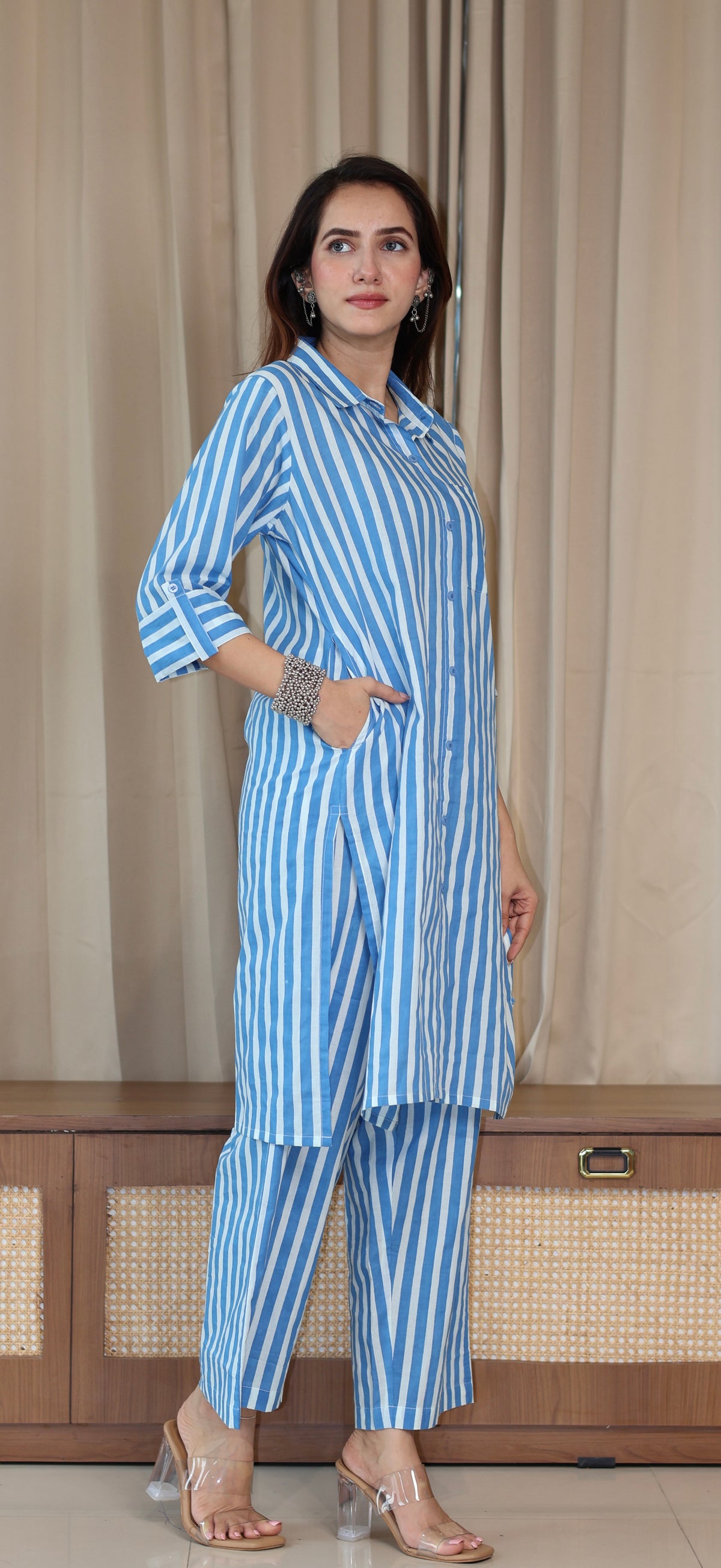 Blue/Ivory Stripes Cotton Co-ord Set