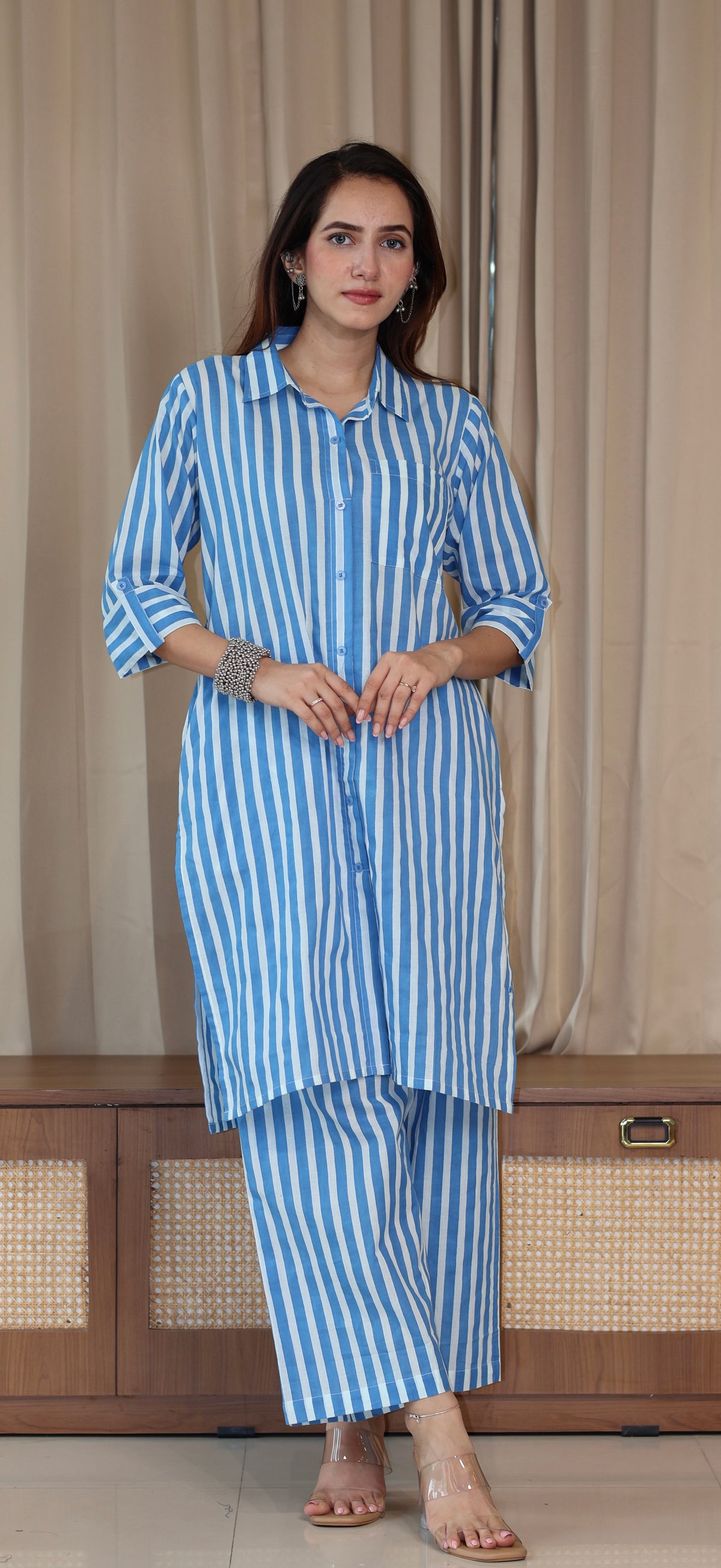 Blue/Ivory Stripes Cotton Co-ord Set