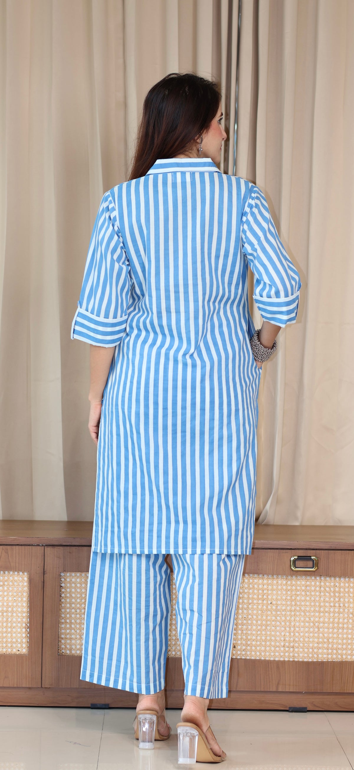 Blue/Ivory Stripes Cotton Co-ord Set