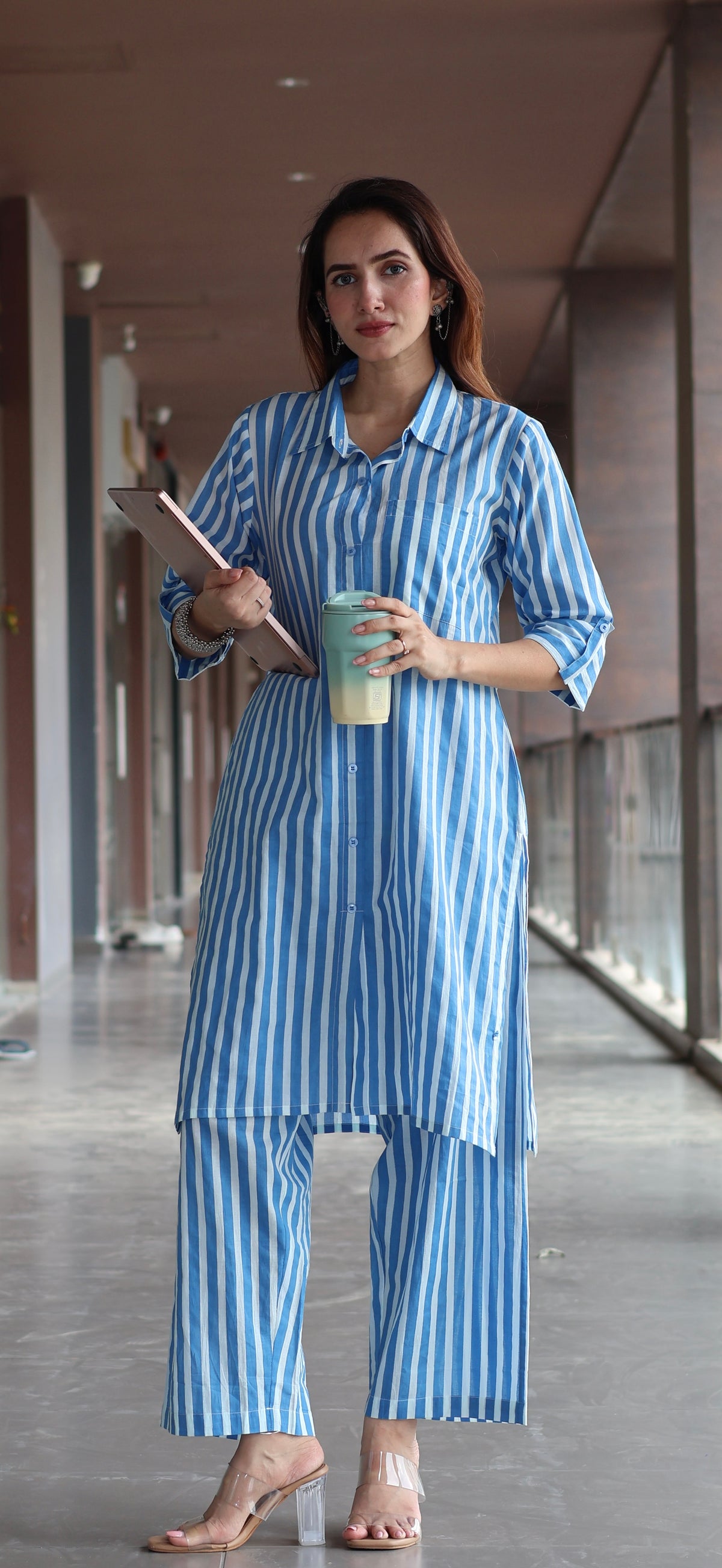 Blue/Ivory Stripes Cotton Co-ord Set