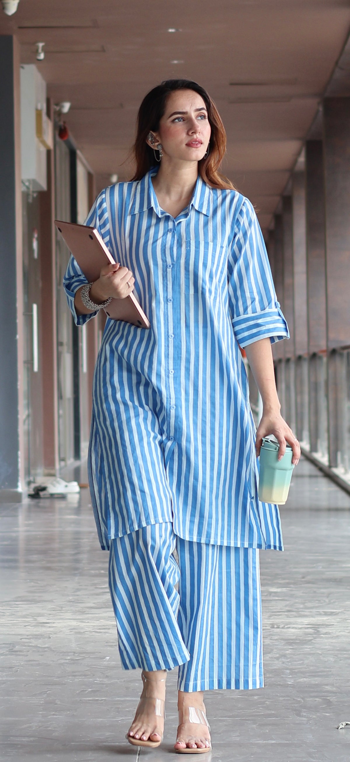 Blue/Ivory Stripes Cotton Co-ord Set