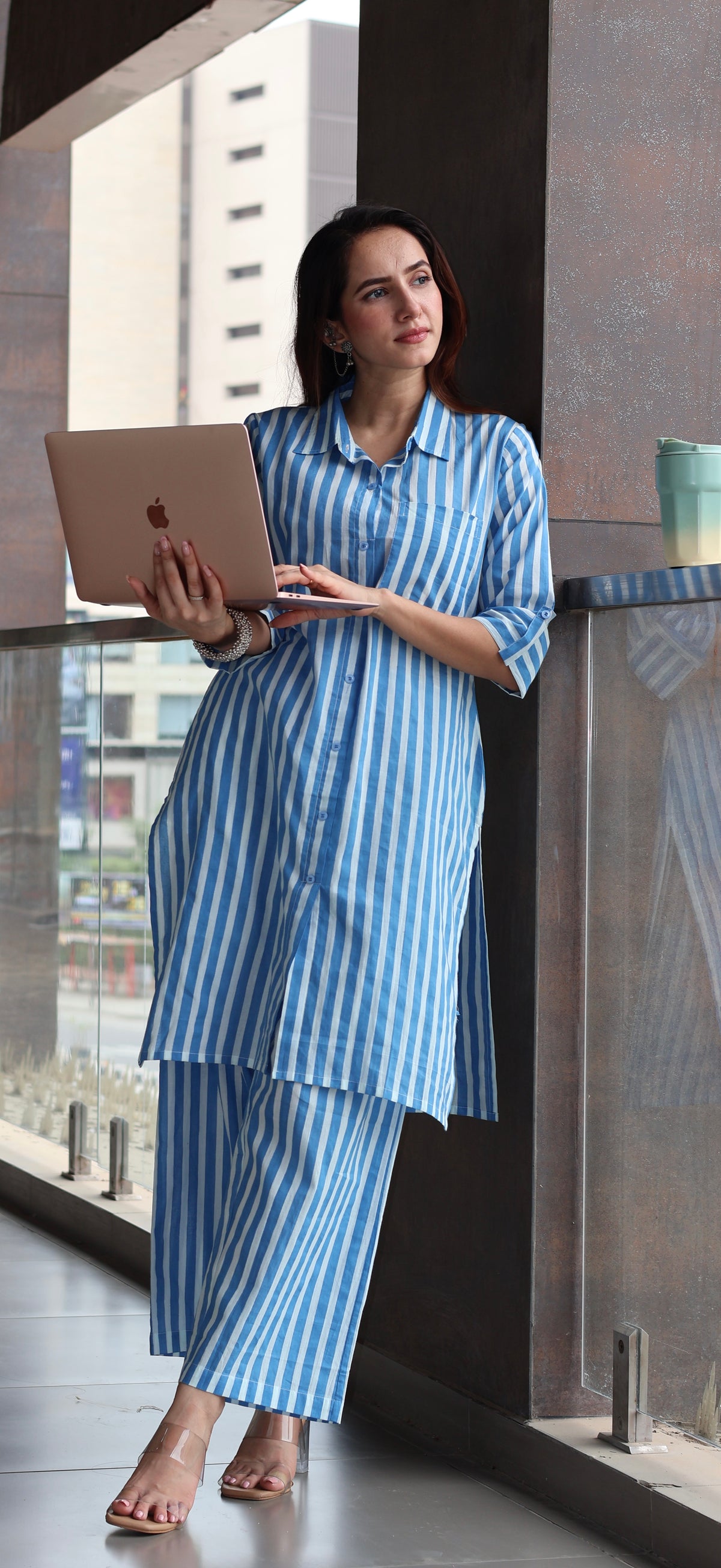 Blue/Ivory Stripes Cotton Co-ord Set