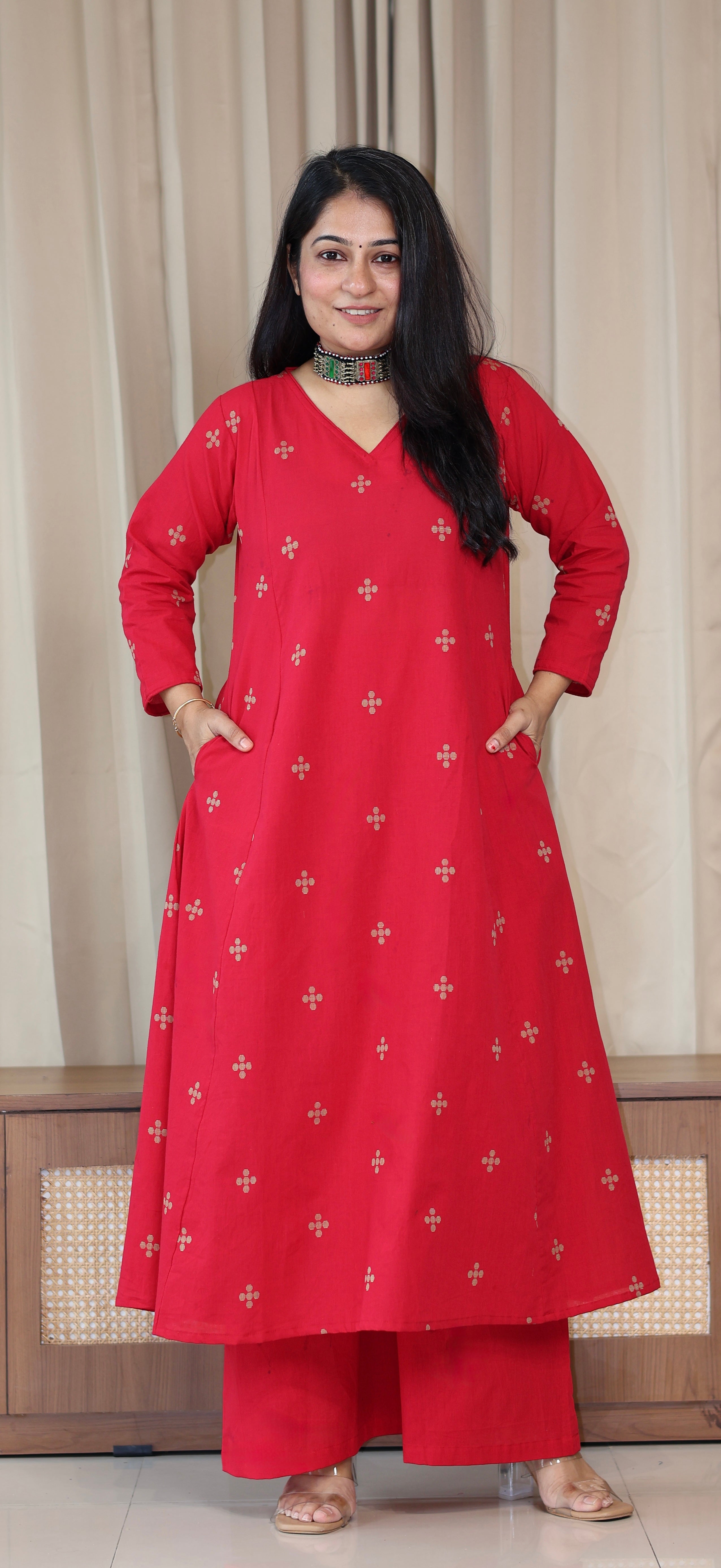 Diya Handwoven Cotton Kurta Set - Red