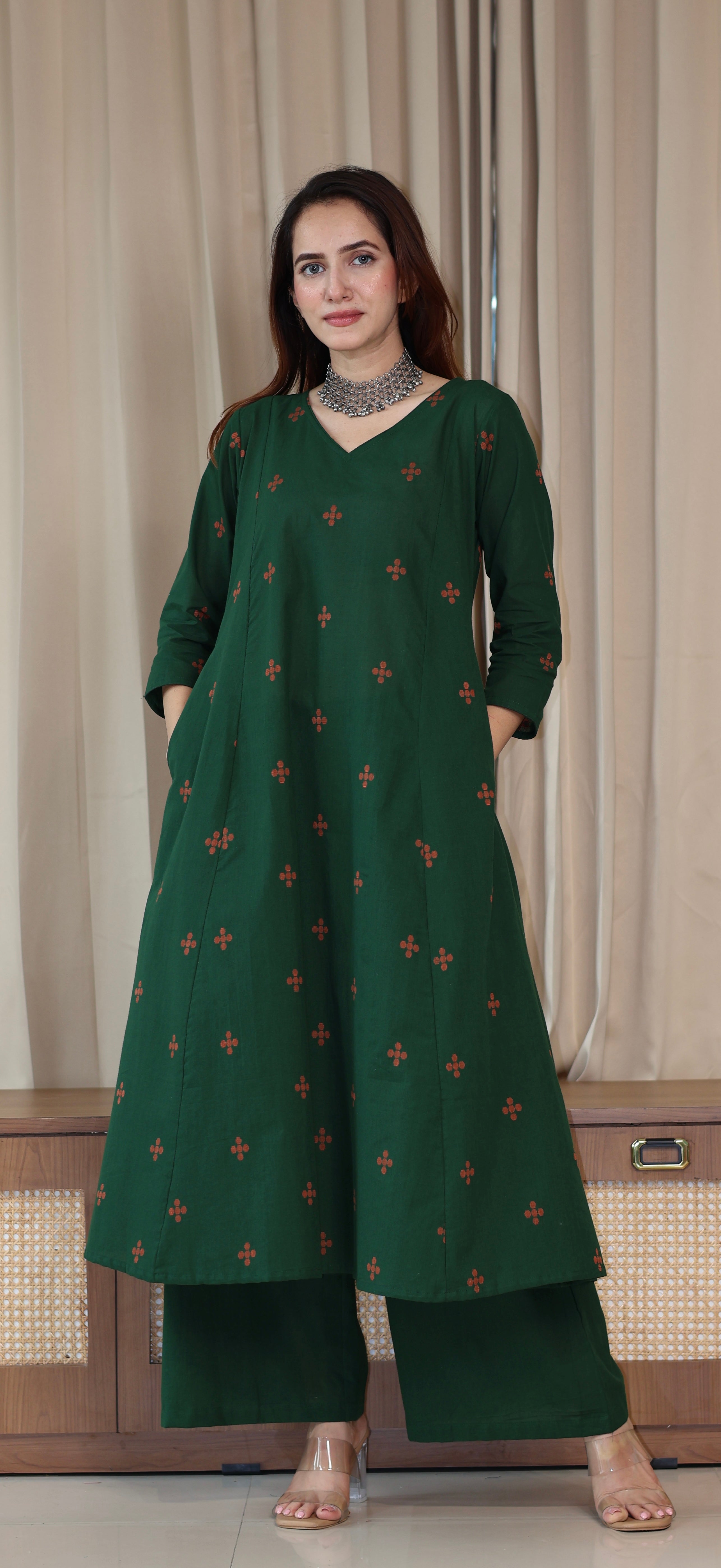 Chitra Handwoven Cotton Kurta Set - Green