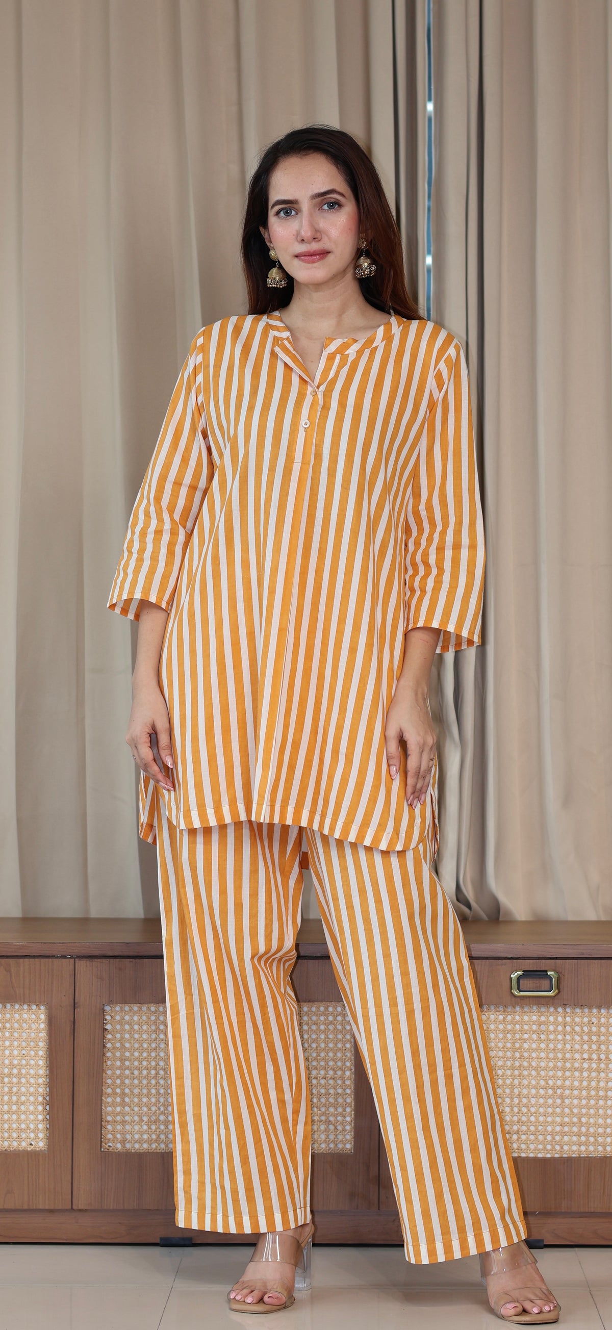 Mustard Yellow/Ivory Stripes Cotton Kurta Set