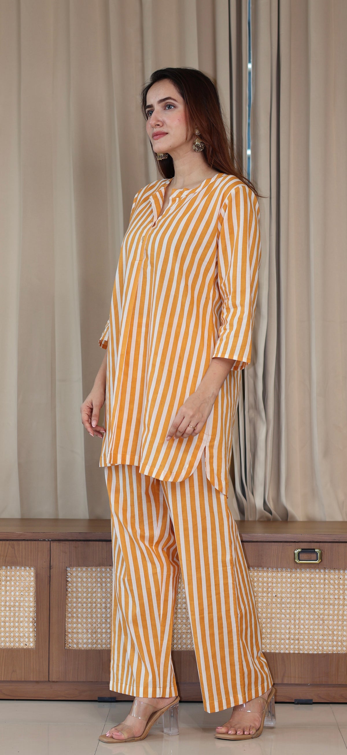 Mustard Yellow/Ivory Stripes Cotton Kurta Set