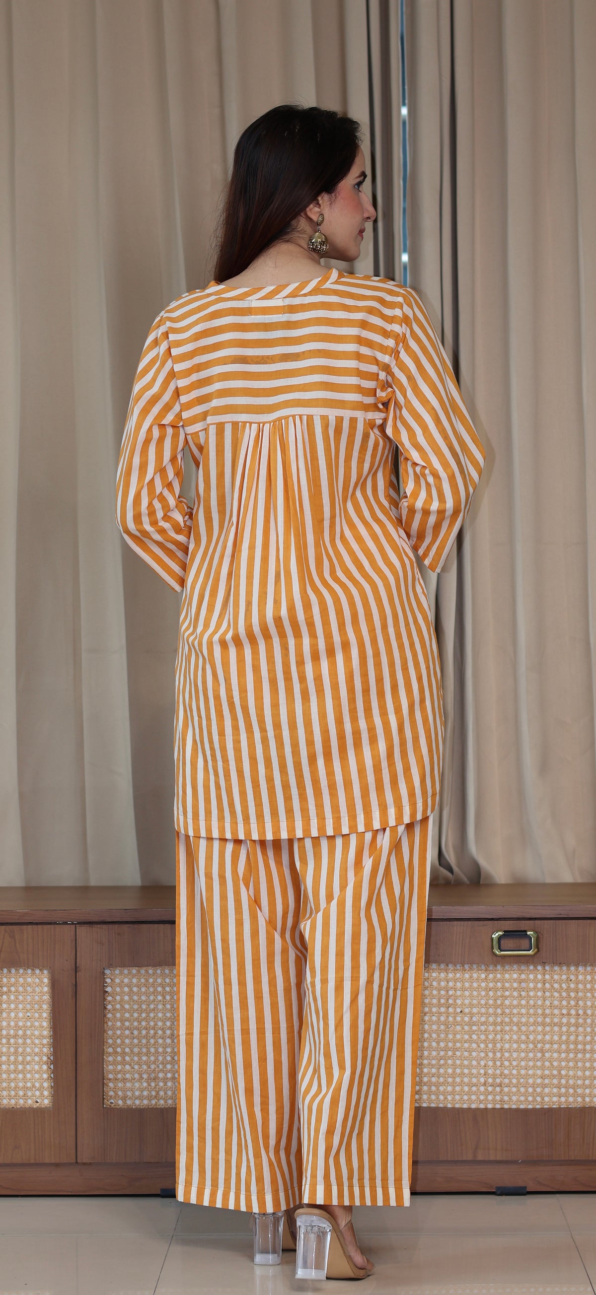 Mustard Yellow/Ivory Stripes Cotton Kurta Set