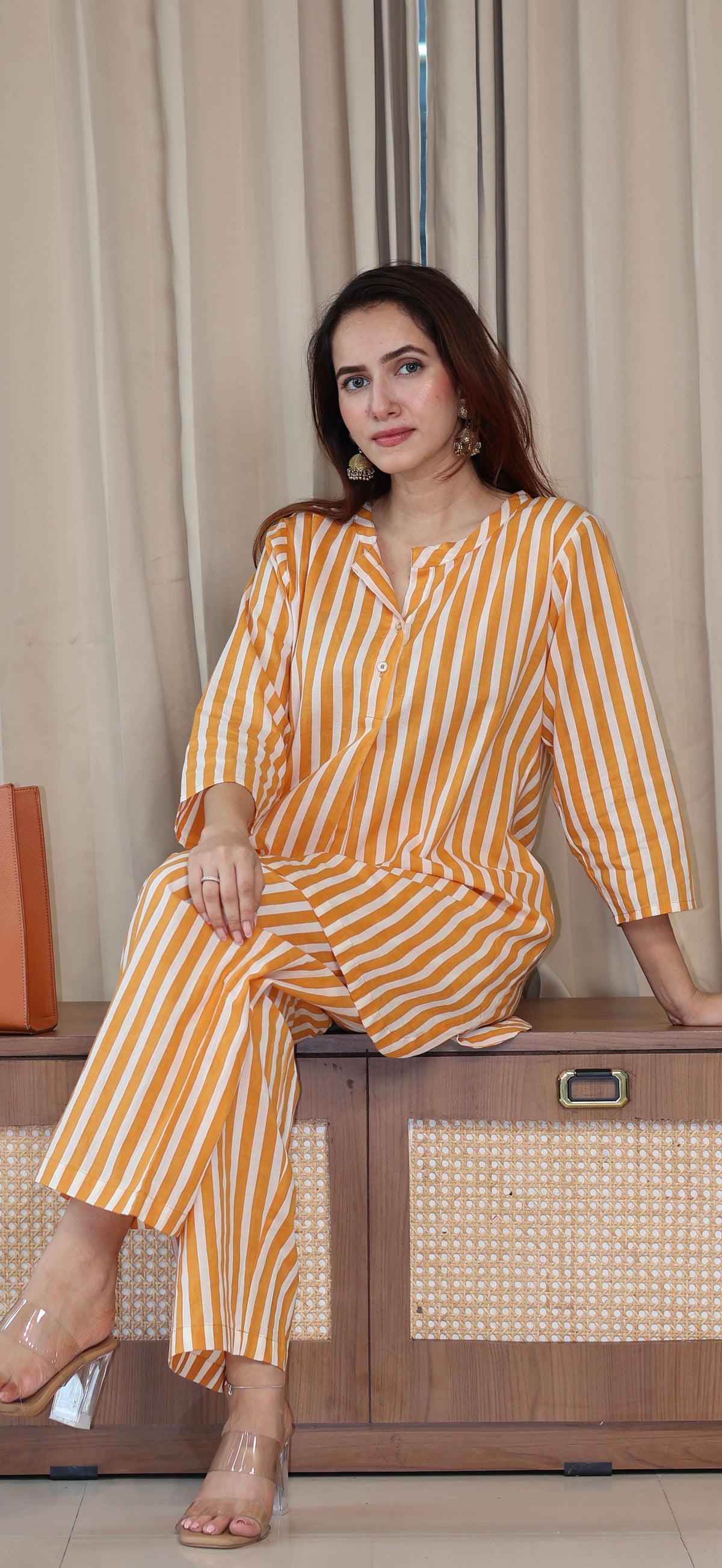 Mustard Yellow/Ivory Stripes Cotton Kurta Set